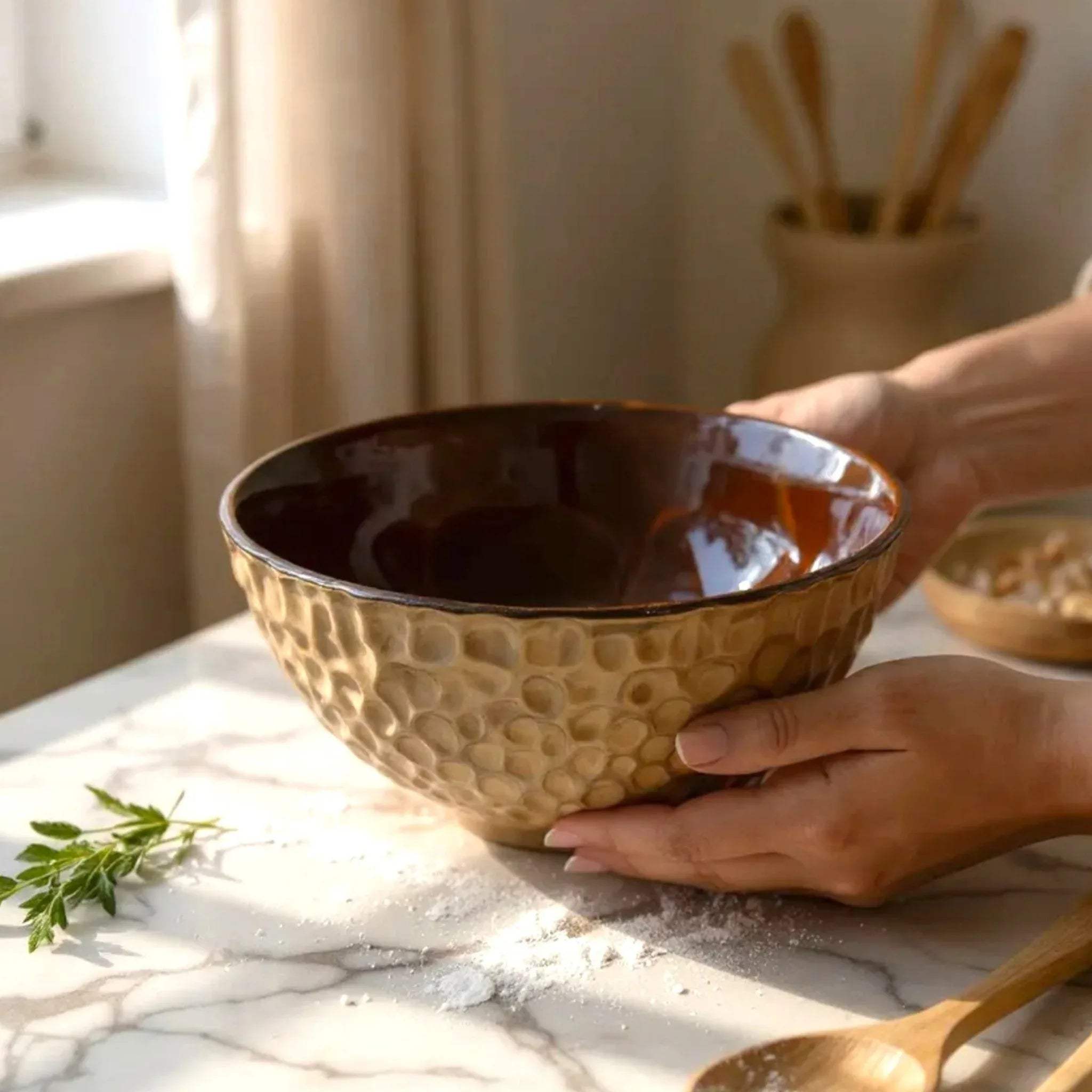 Copper Ember Bowl on a kitchen counter; large capacity ceramic bowl for family meals and holiday feasts.