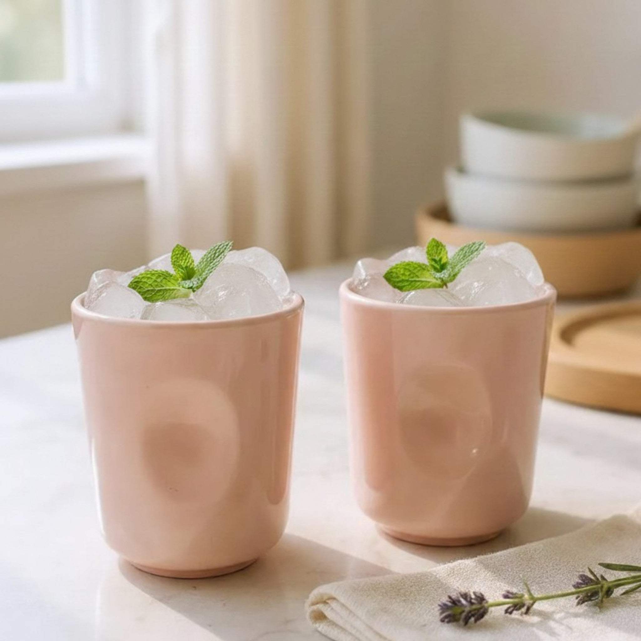 Rustic Stone Cotton Candy Glasses; pink ceramic stemware for festive drinks and aesthetic home bars.