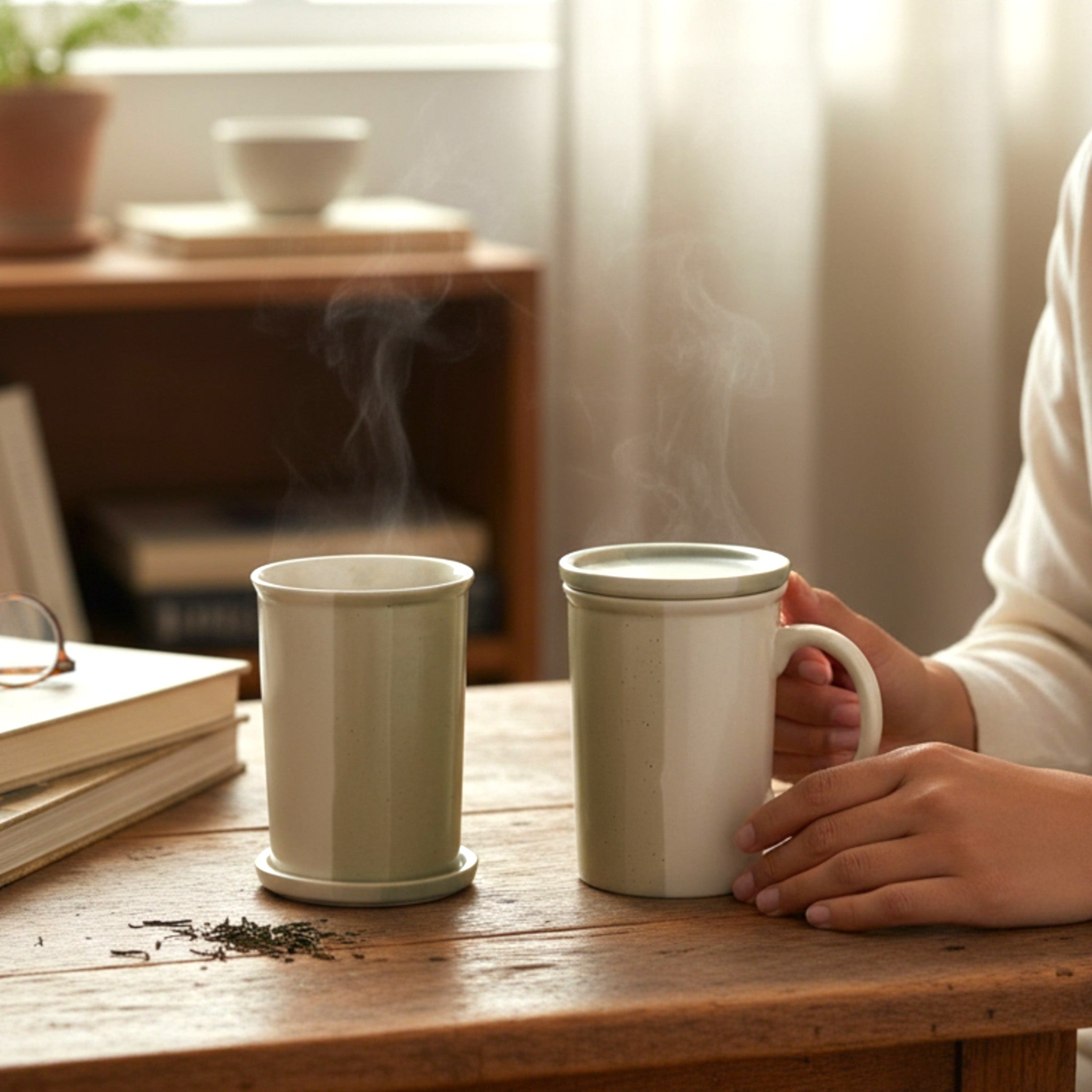 Cozy Sip Mug held in two hands; snug, wrap-around grip for tea, coffee, or hot chocolate lovers
