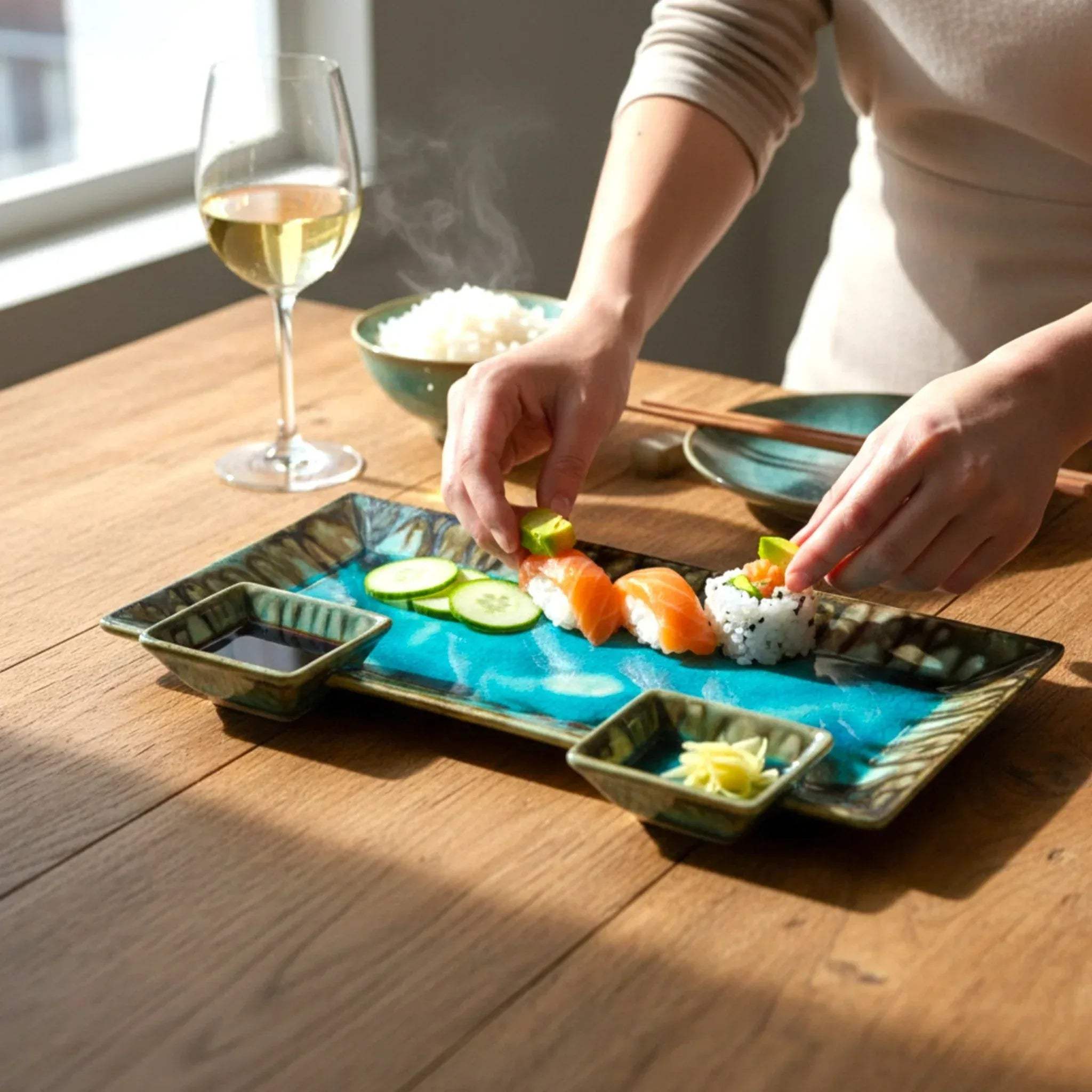 Crystal Cove Platter with sushi; Pinterest-worthy seafood serving ideas and aesthetic coastal dinnerware.