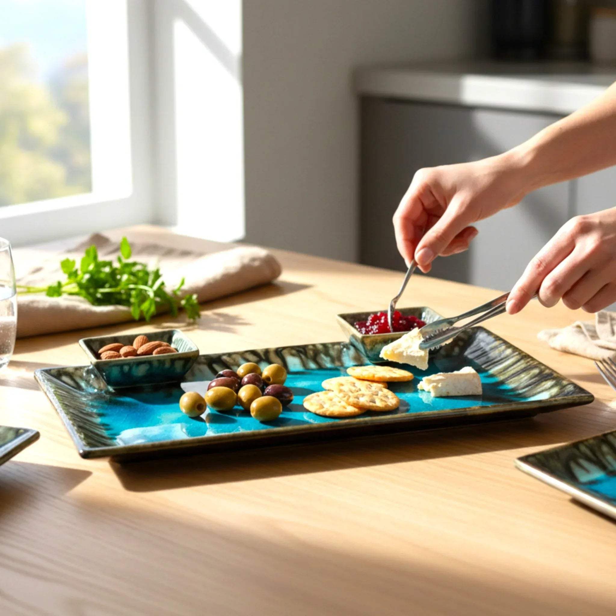 Crystal Cove Platter with hands; large rectangular serving area for appetizers and charcuterie.
