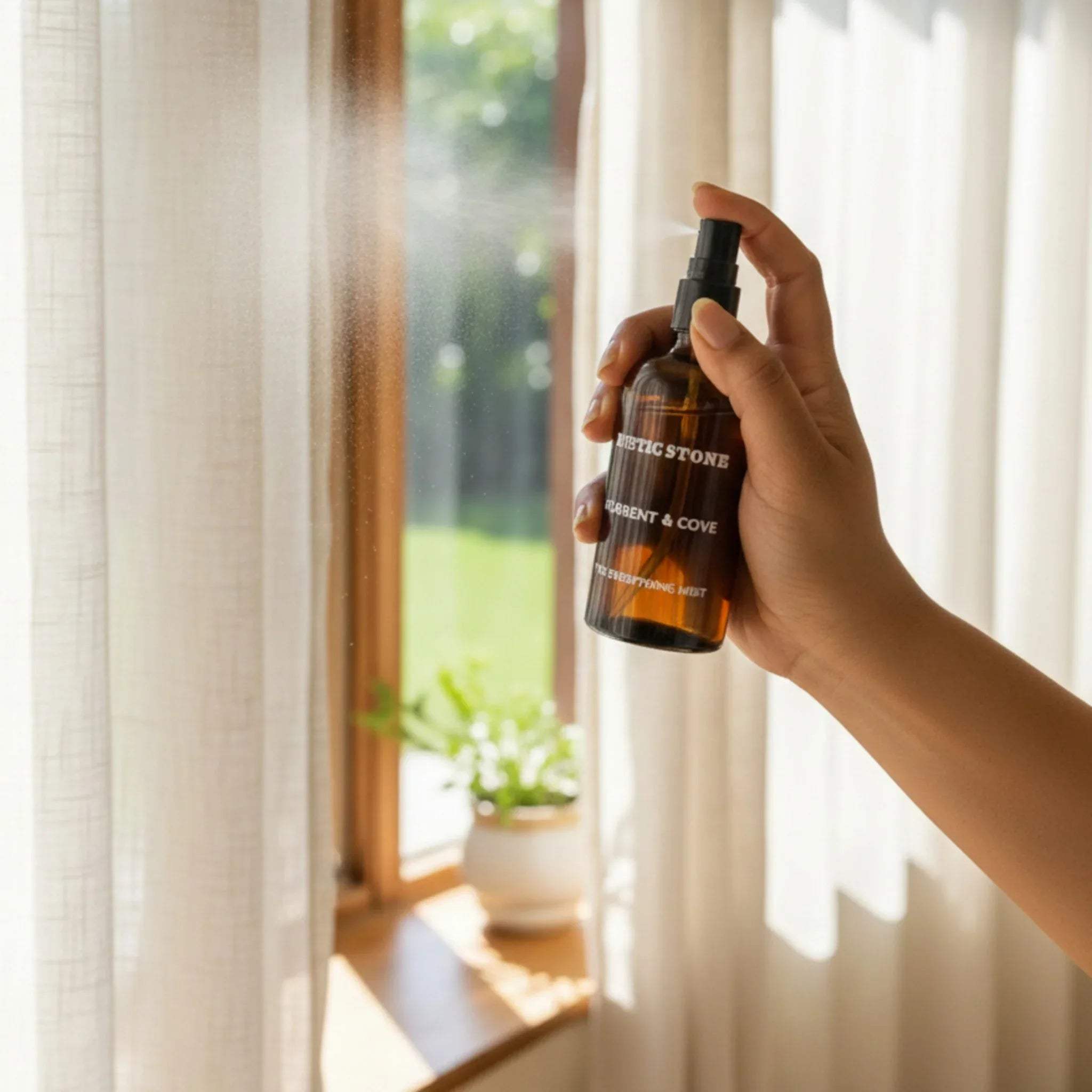 Room spray bottle by an open window; unique gift for aqua scent lovers and fresh morning home scent.