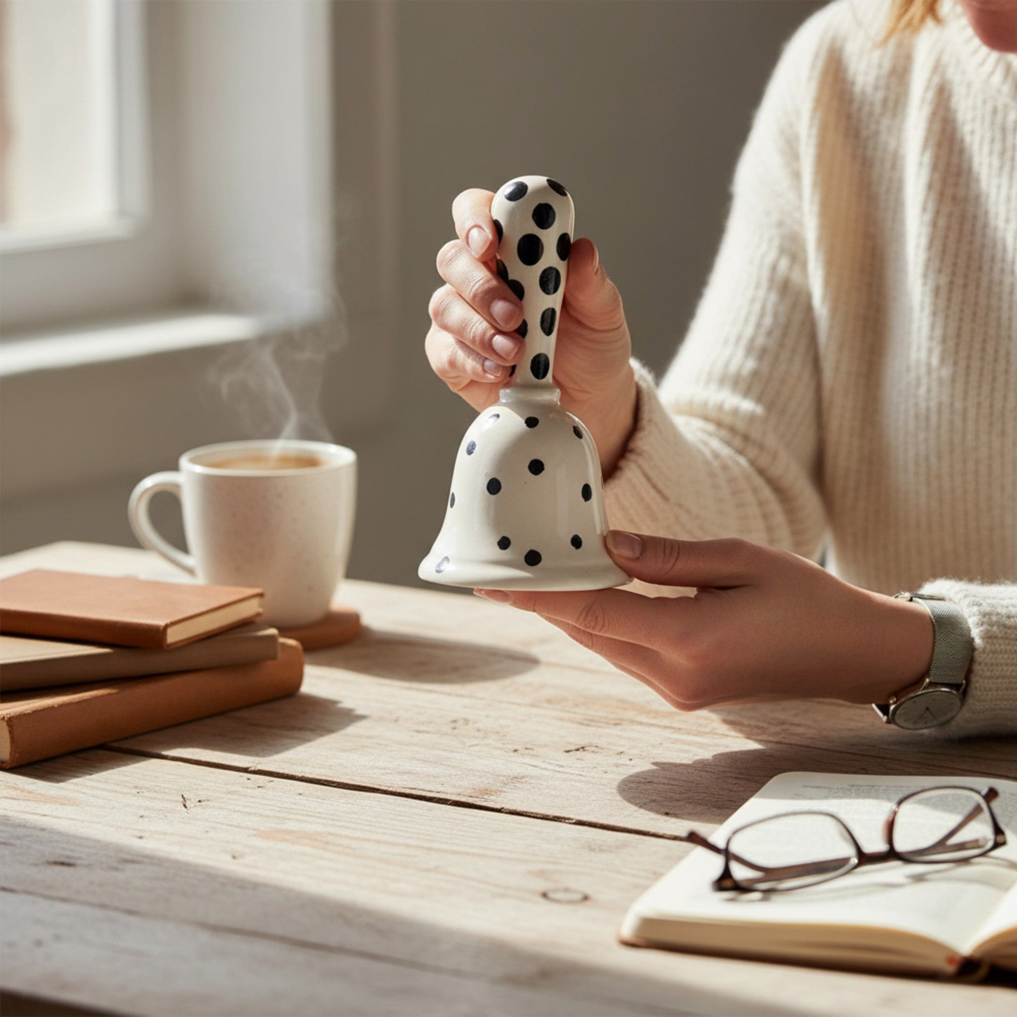 Ceramic hand bell in hand; unique teacher gift idea and whimsical home decor for calling the family.