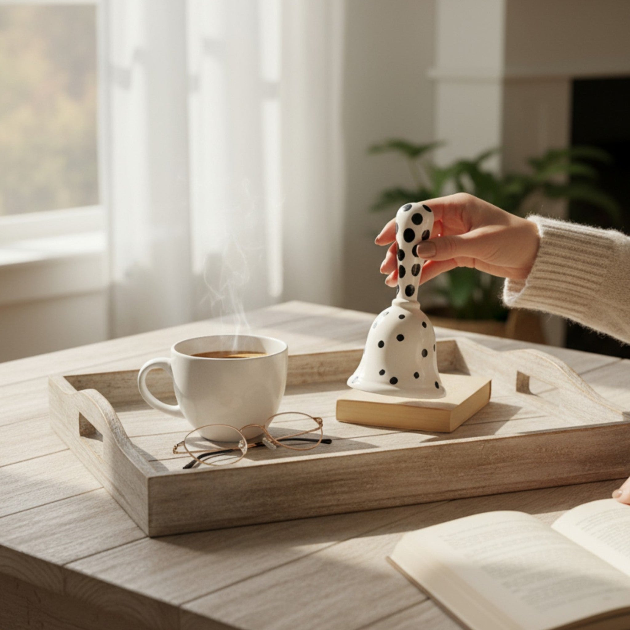 Dottie Bell held in hand; ergonomic handle size for a comfortable grip and clear, gentle ringing tone.