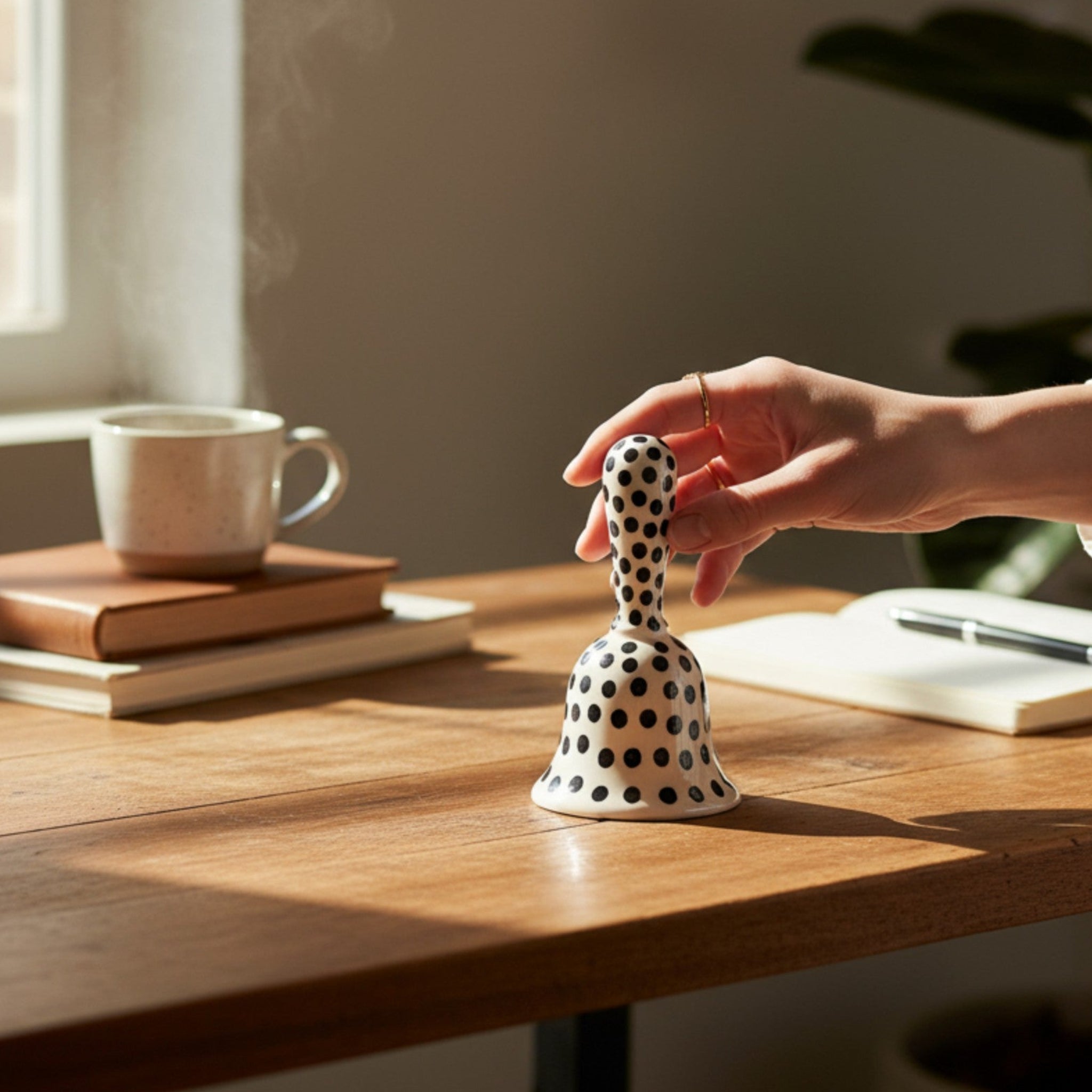 Rustic Stone Dottie Table Bell; white dotted ceramic hand bell for home decor and dinner service gifting.