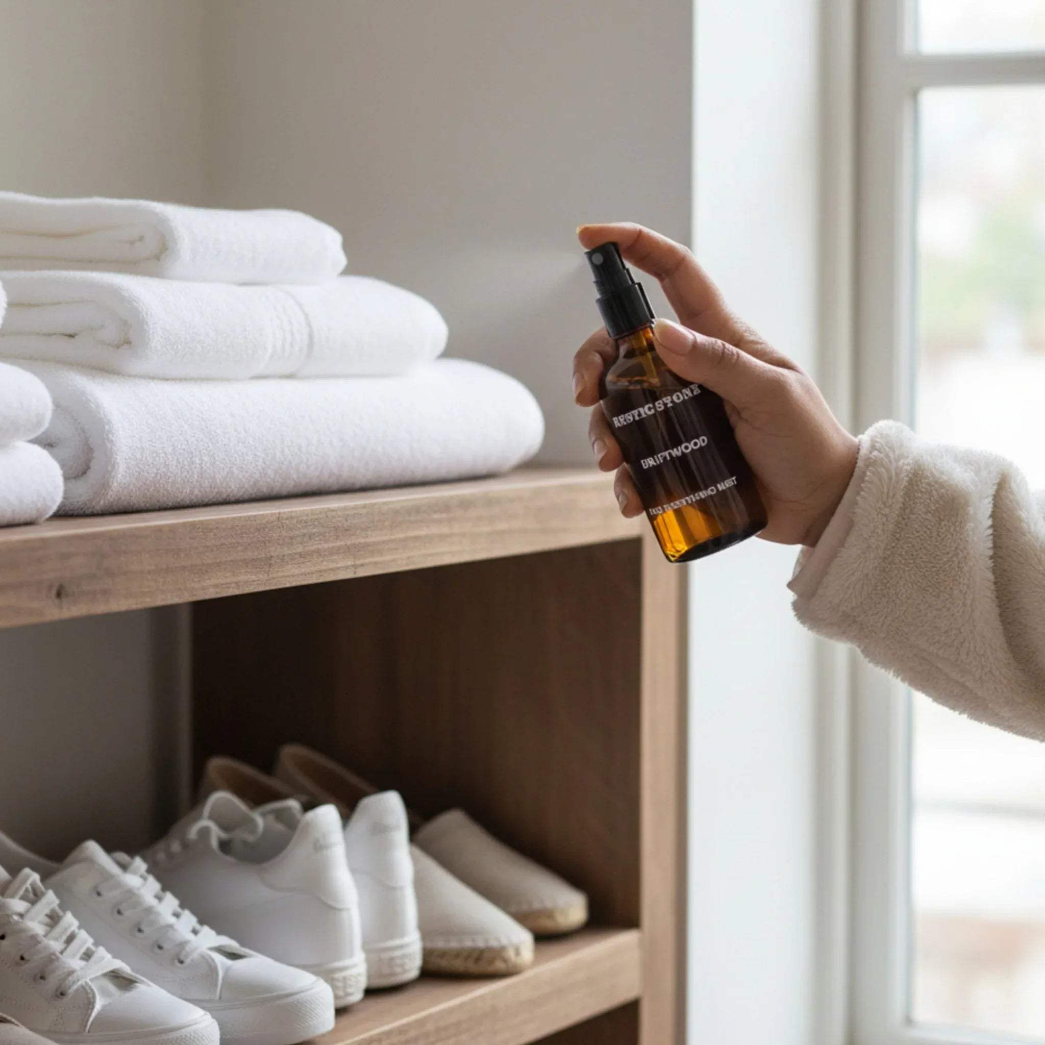 Driftwood bottle in hand spraying on towels and shoe rack; 100ml travel-sized room spray.