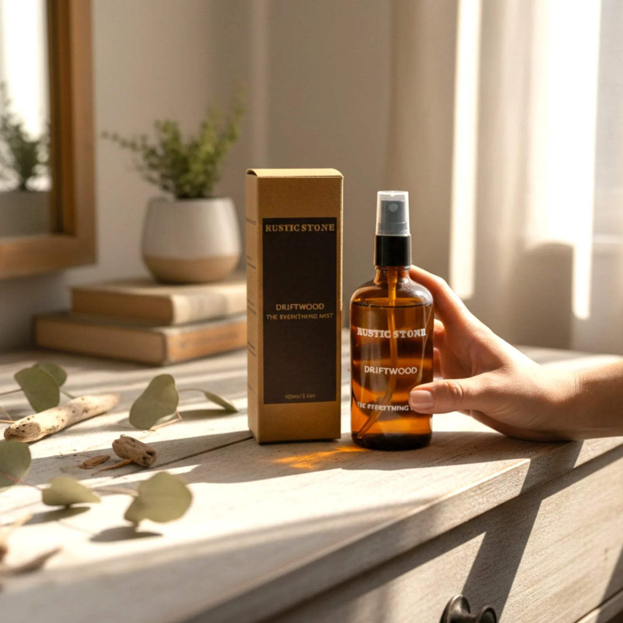 Driftwood Mist on a rustic wooden table; unique gift for nature lovers and warm home scent.
