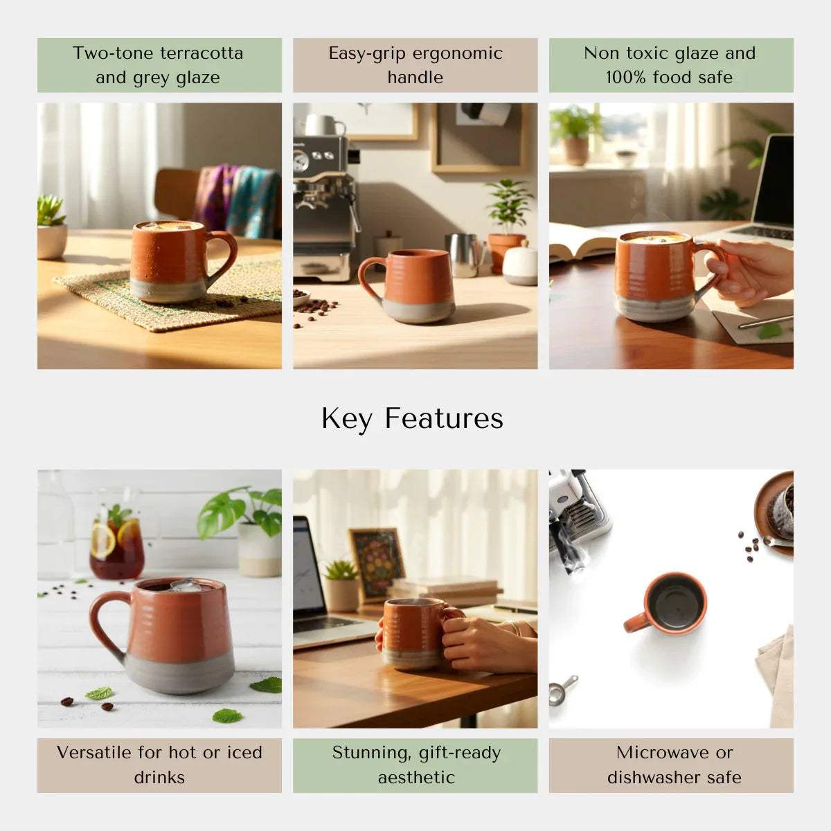 Durable ceramic features for Ember Ash Mug; microwave and dishwasher safe with non-toxic artisanal glaze.