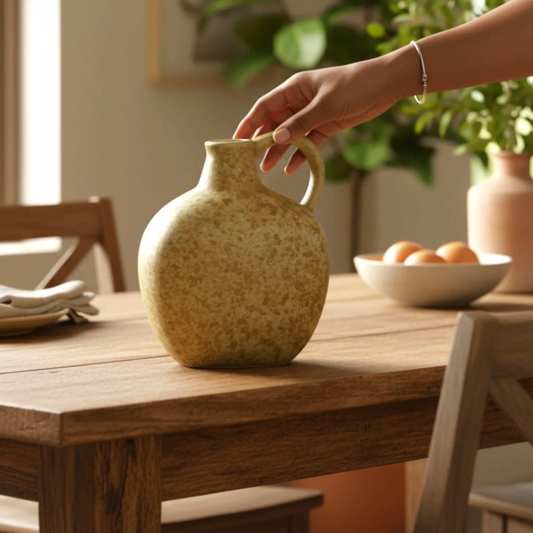 Hand holding the Earthgrain Vase; compact tabletop size perfect for small bouquets or single stems.