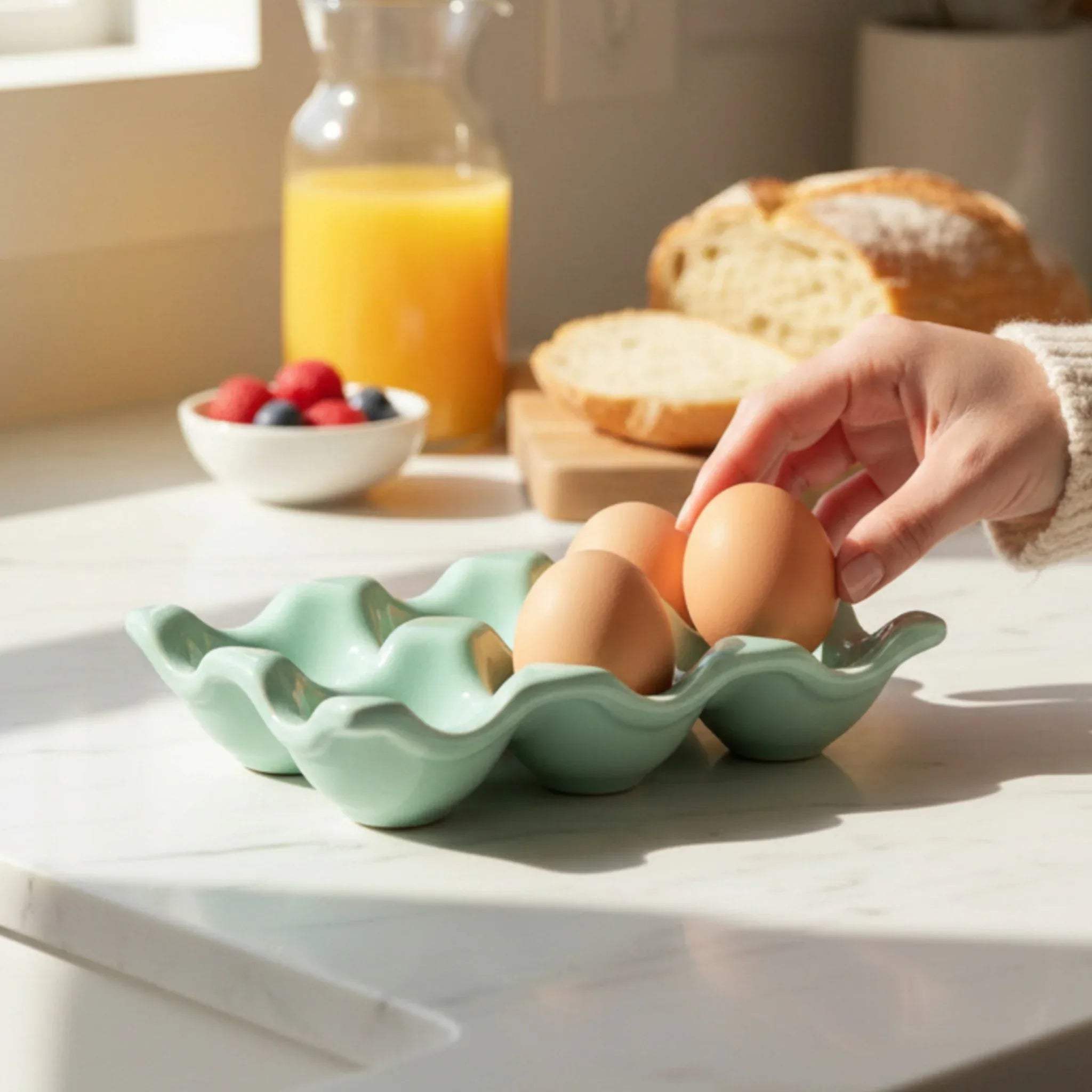 Rustic Stone Egg Affair; 6-slot ceramic egg tray for kitchen organization and aesthetic breakfast serving.