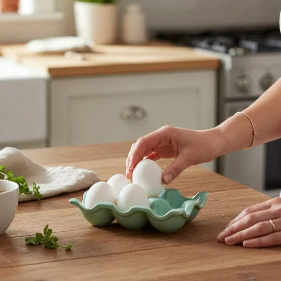 Egg Affair held in hand; compact rectangular size for fridge shelves or countertop egg display.