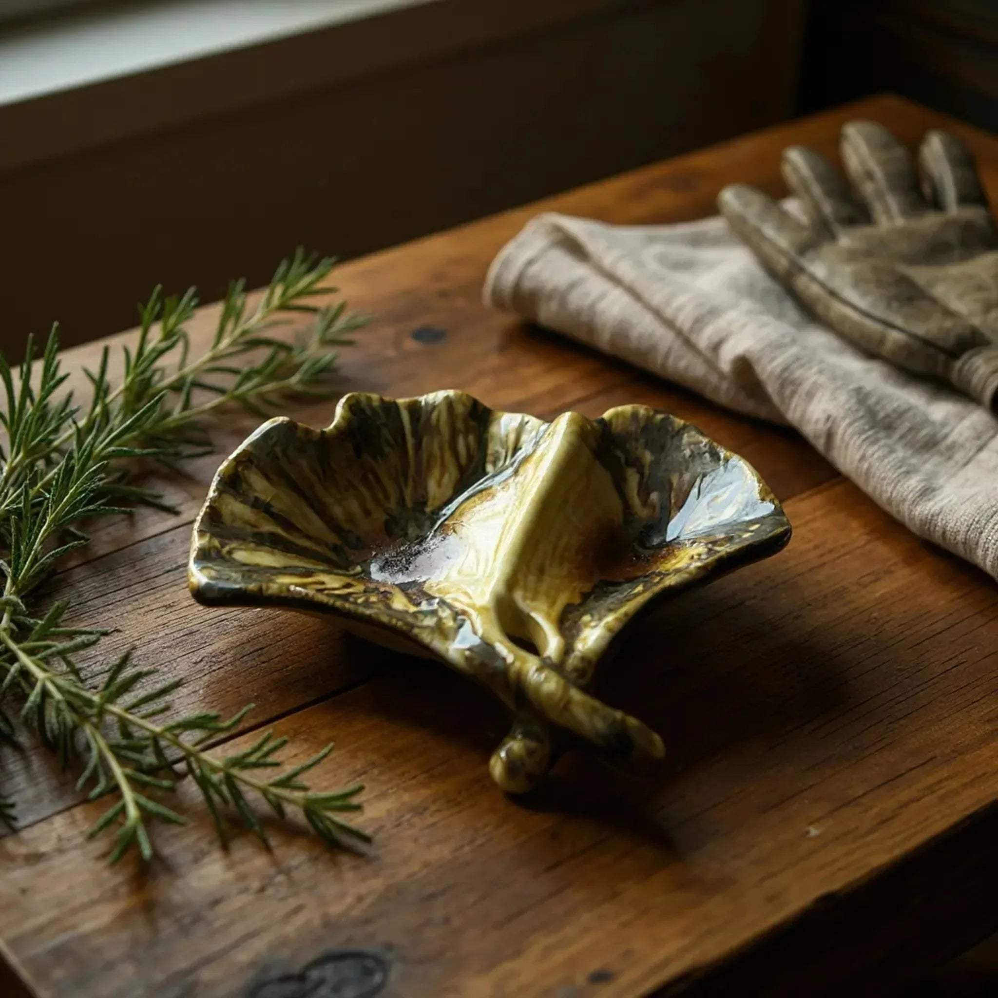 Set of 2 ginkgo leaf dishes - yellow; unique bridesmaid gift and luxury ceramic accent for elegant wedding decor.