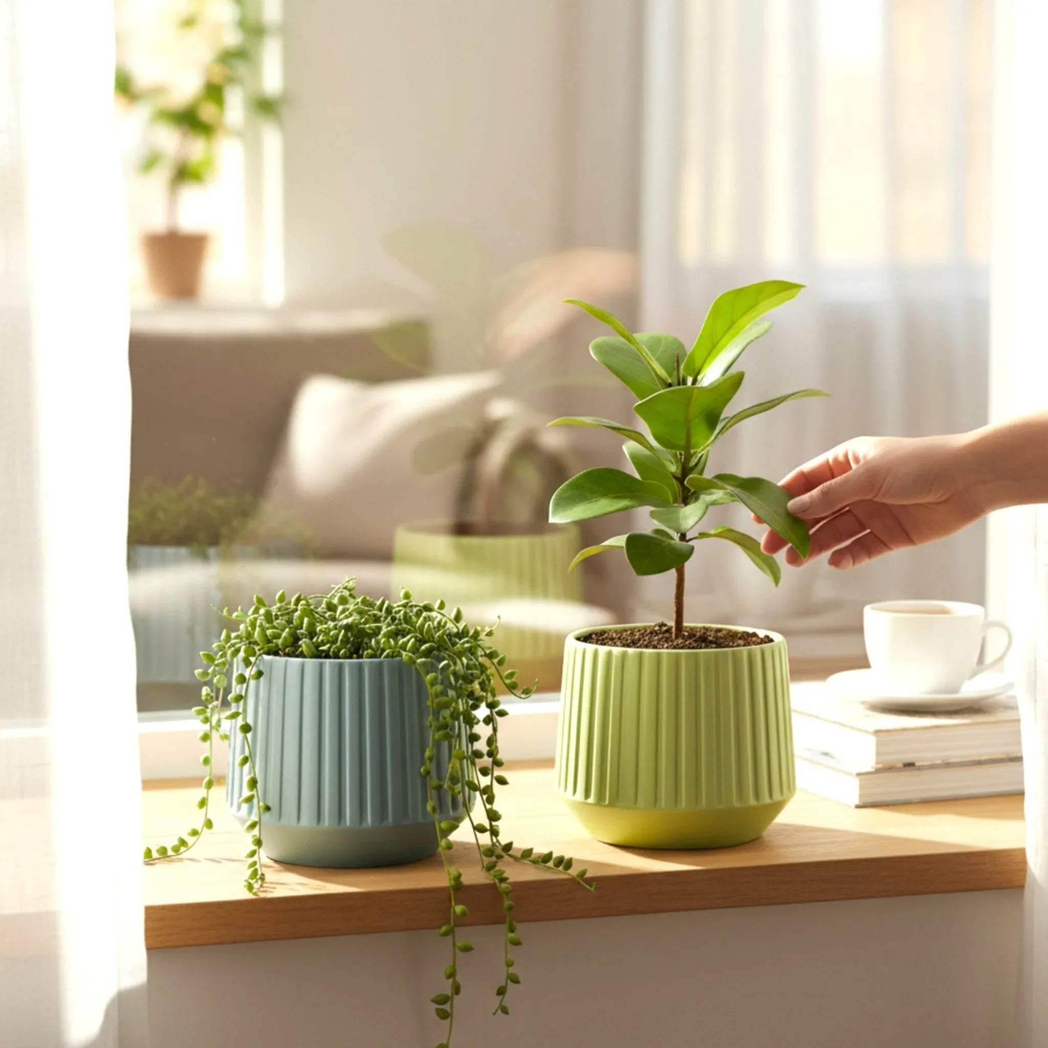 Rustic Stone Clay & Green Planters; textured green ceramic pots for indoor plants and minimalist home decor.