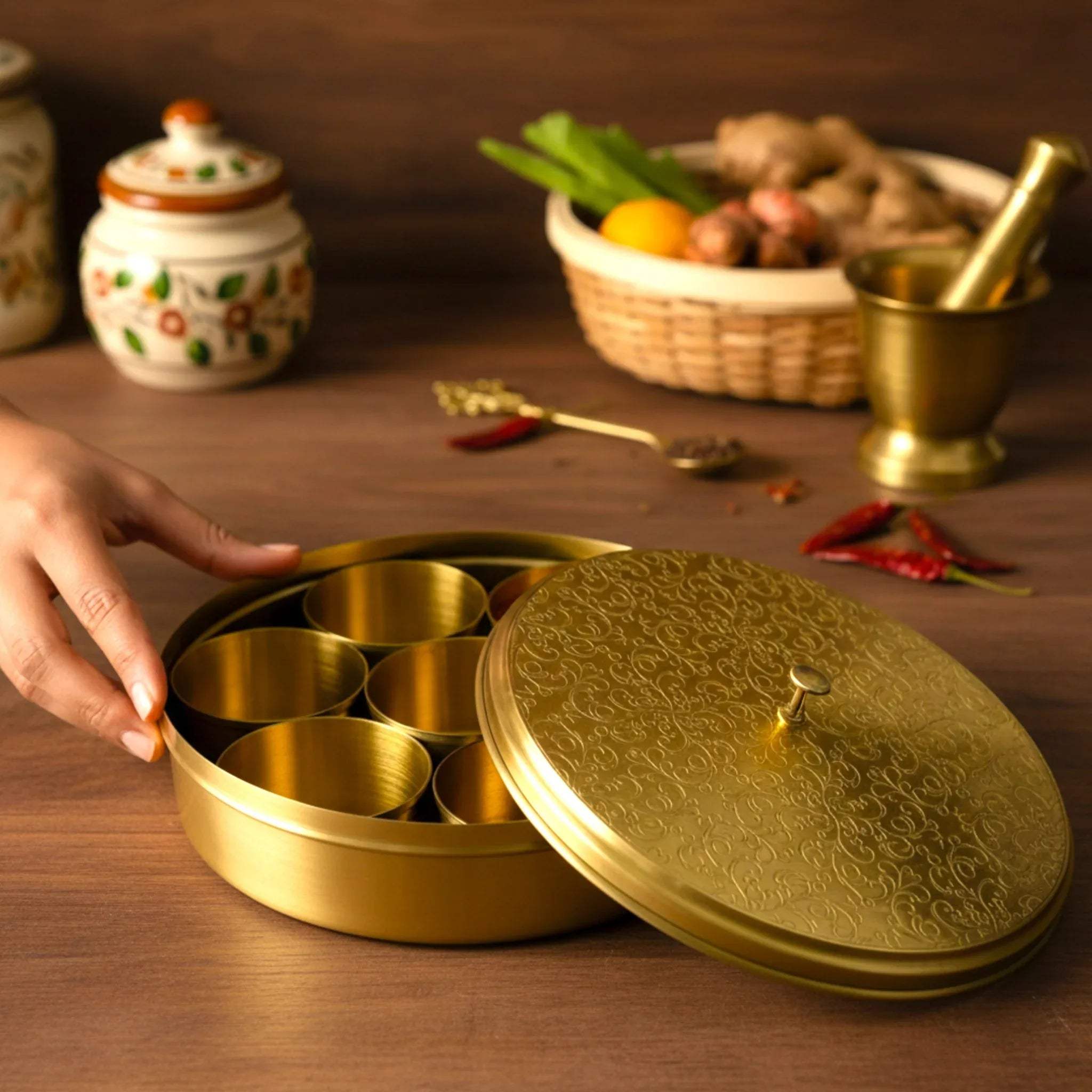 Golden spice box centerpiece; unique luxury wedding gift and authentic Indian heirloom kitchenware.