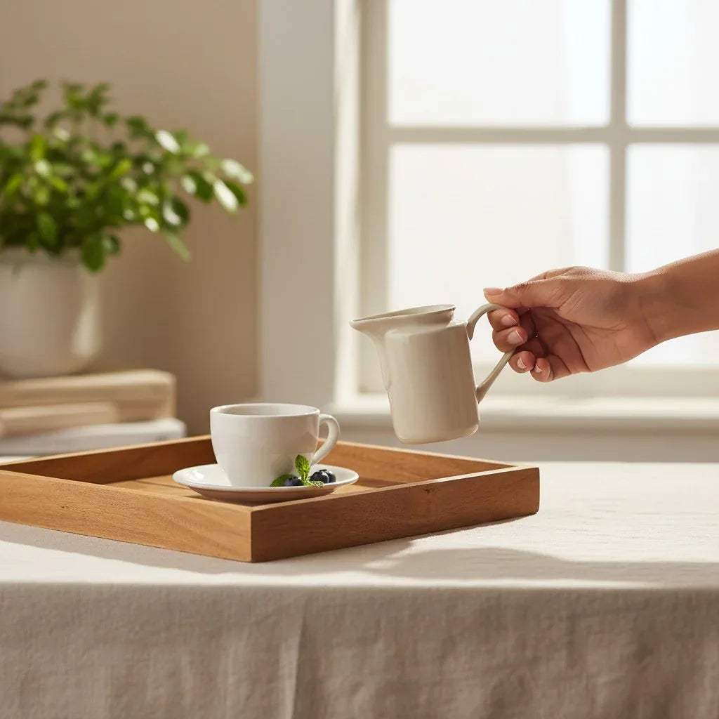 Neutral ceramic milk jug; unique housewarming gift and elegant addition to a minimalist coffee bar.
