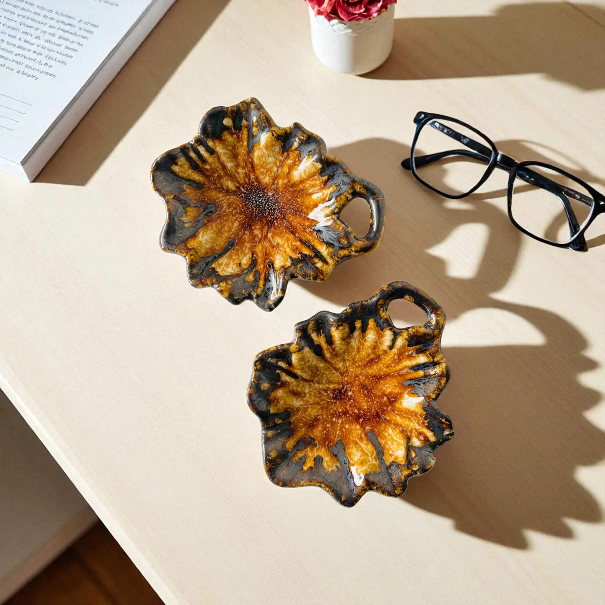 Rustic Stone Broad Leaf Trinket Dish; brown ceramic leaf bowls for home organization and nature-inspired decor.