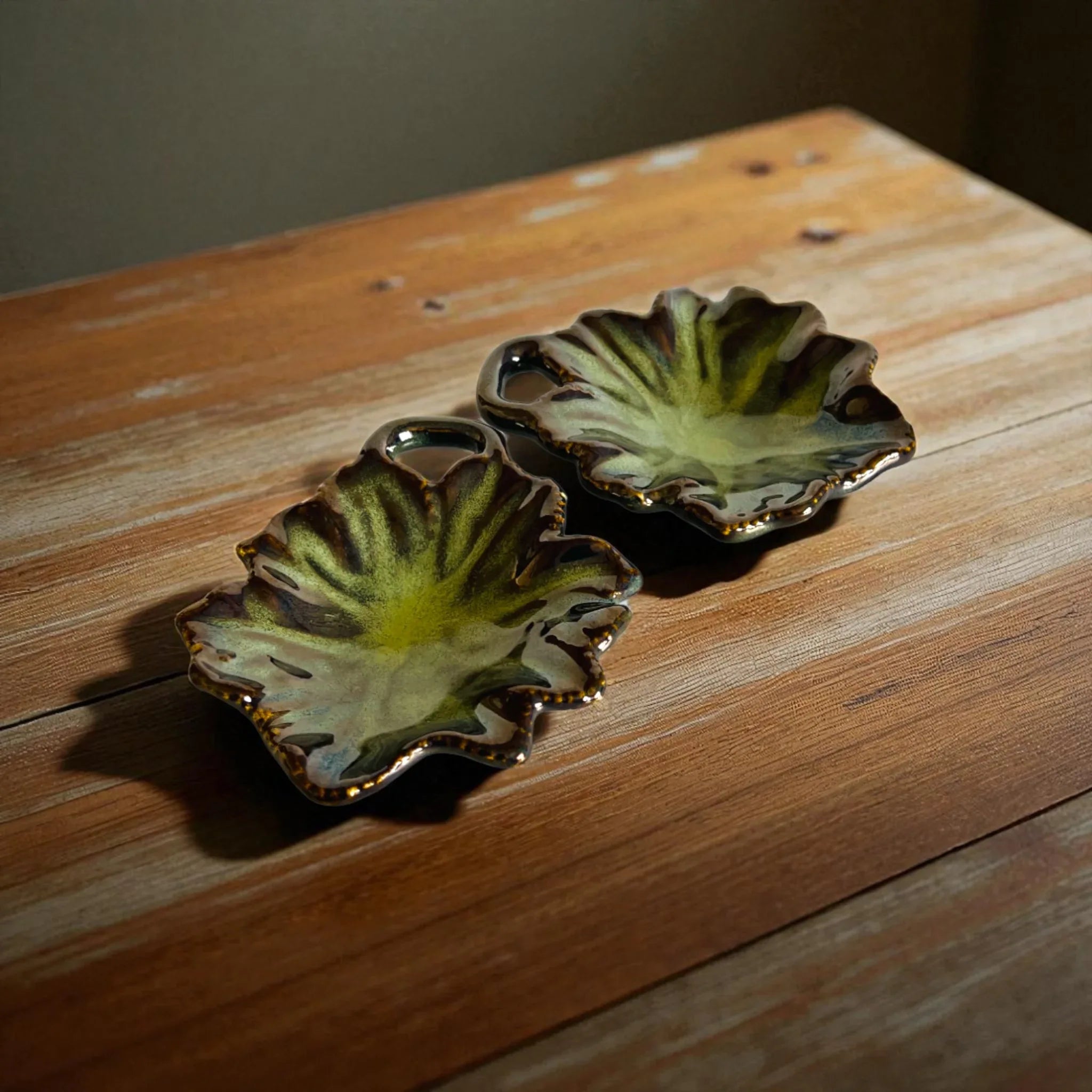 Rustic Stone Broad Leaf Trinket Dish; green ceramic leaf bowls for home organization and nature-inspired decor.