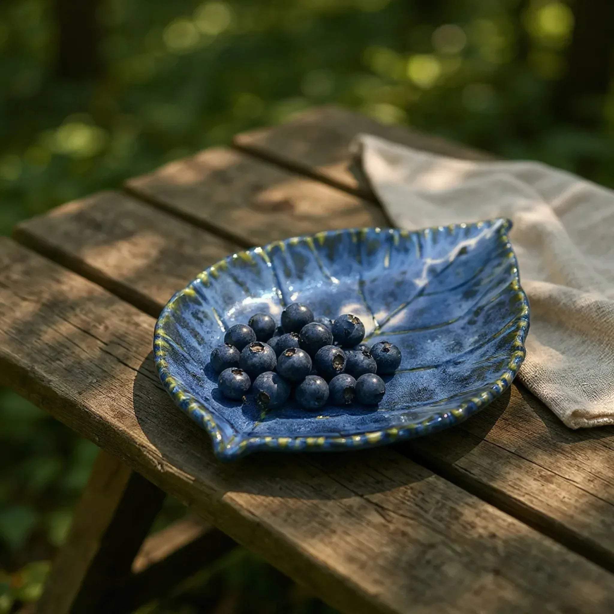 Ceramic leaf tray on a wooden table with berries; unique gift for nature lovers and elegant home decor serving ideas.