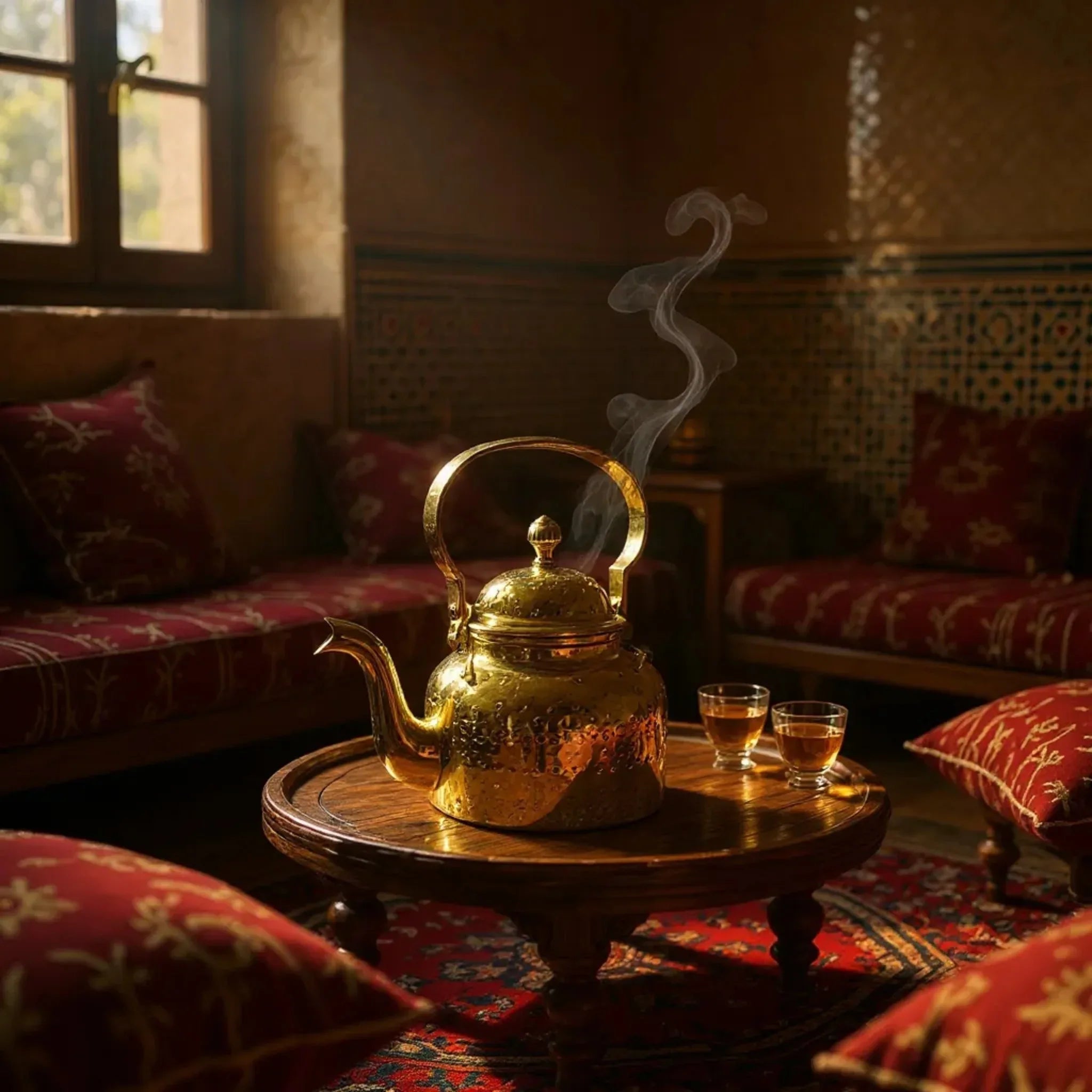 Etched brass kettle in a traditional living room; unique gift for weddings and traditional royal kitchen decor ideas.