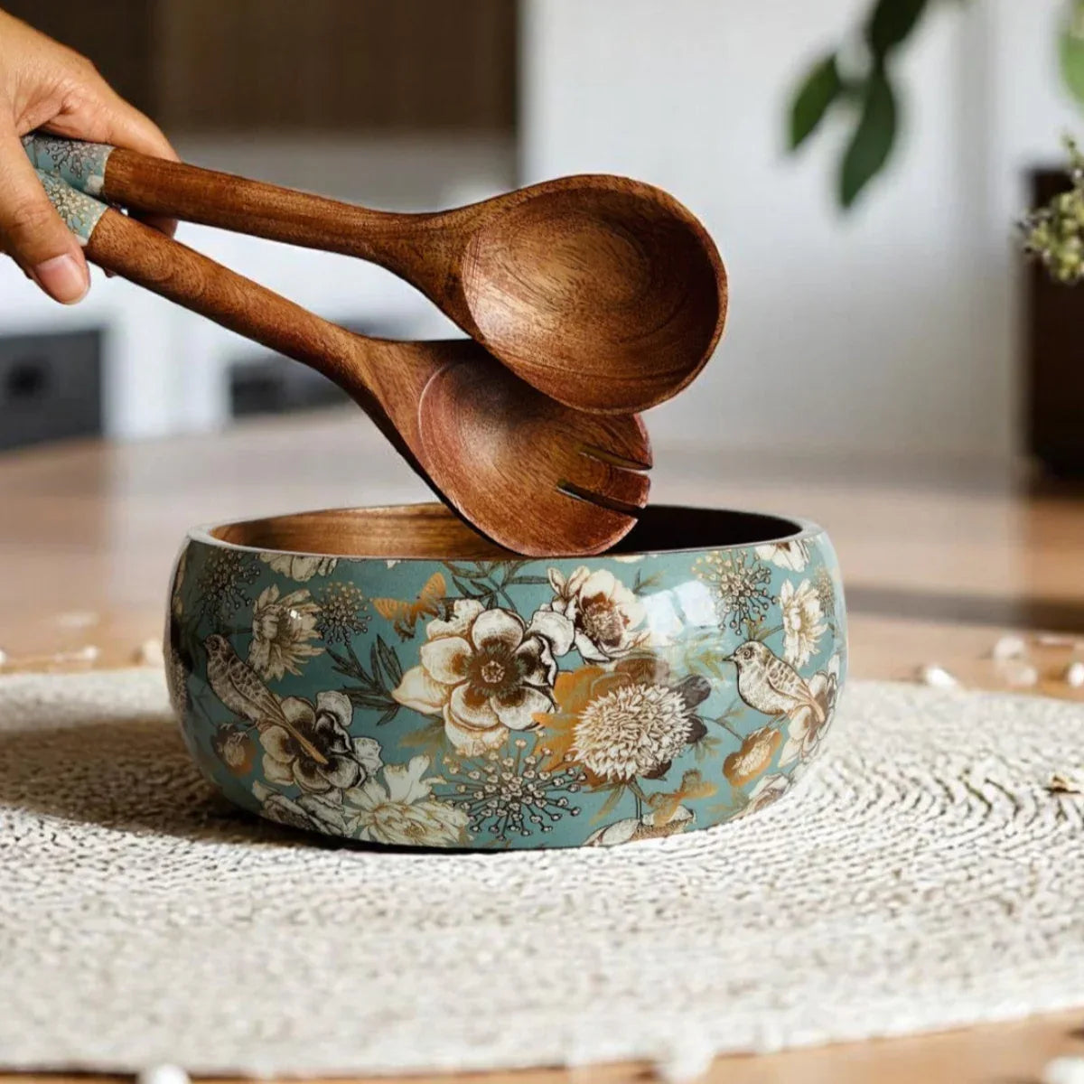 Rustic Stone City Sparrow Salad Bowl; handcrafted mango wood bowl with serving spoons for rustic home decor.