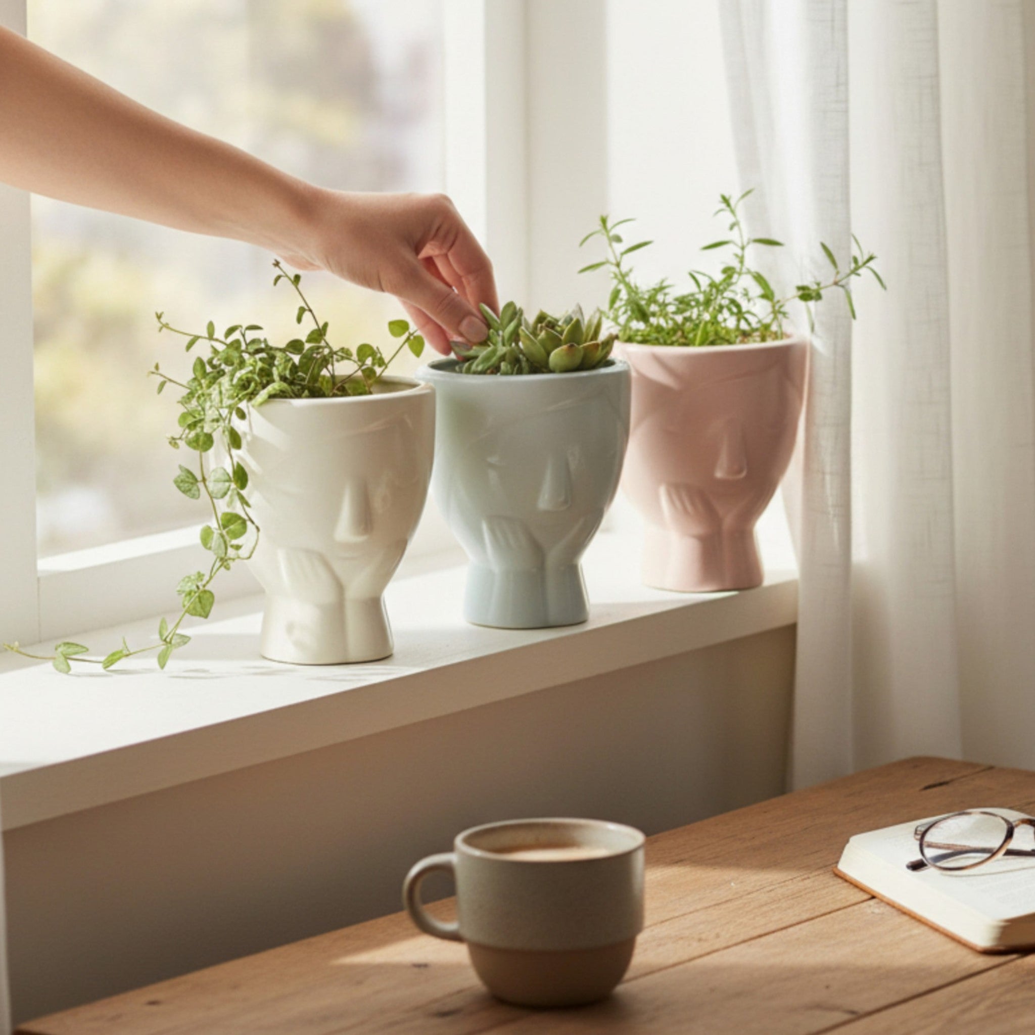 Daydream Planter next to a coffee mug; tiny footprint for narrow shelves, windowsills, or monitors.