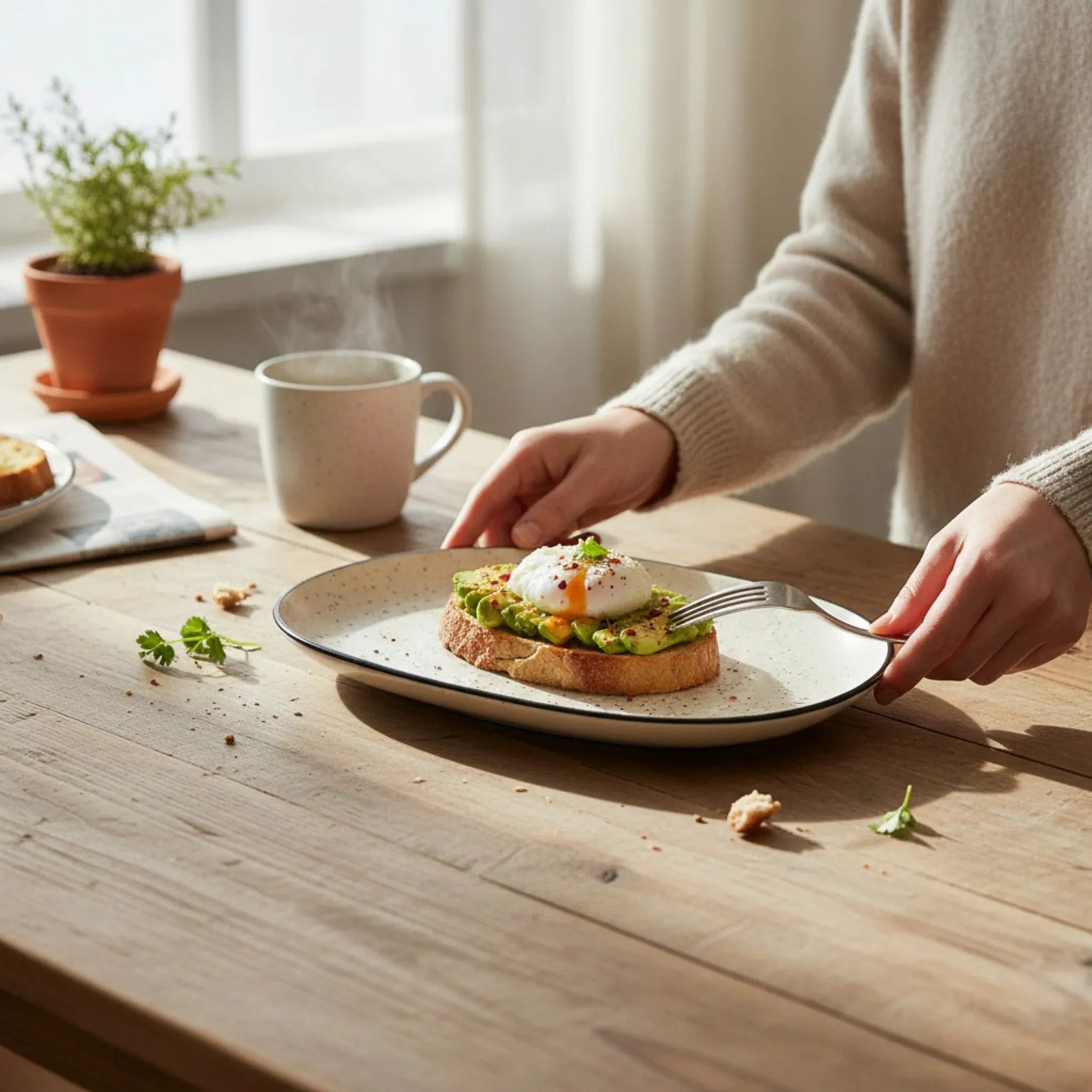 Matte white platters on a wooden table; unique gift for new homeowners and modern table decor ideas.