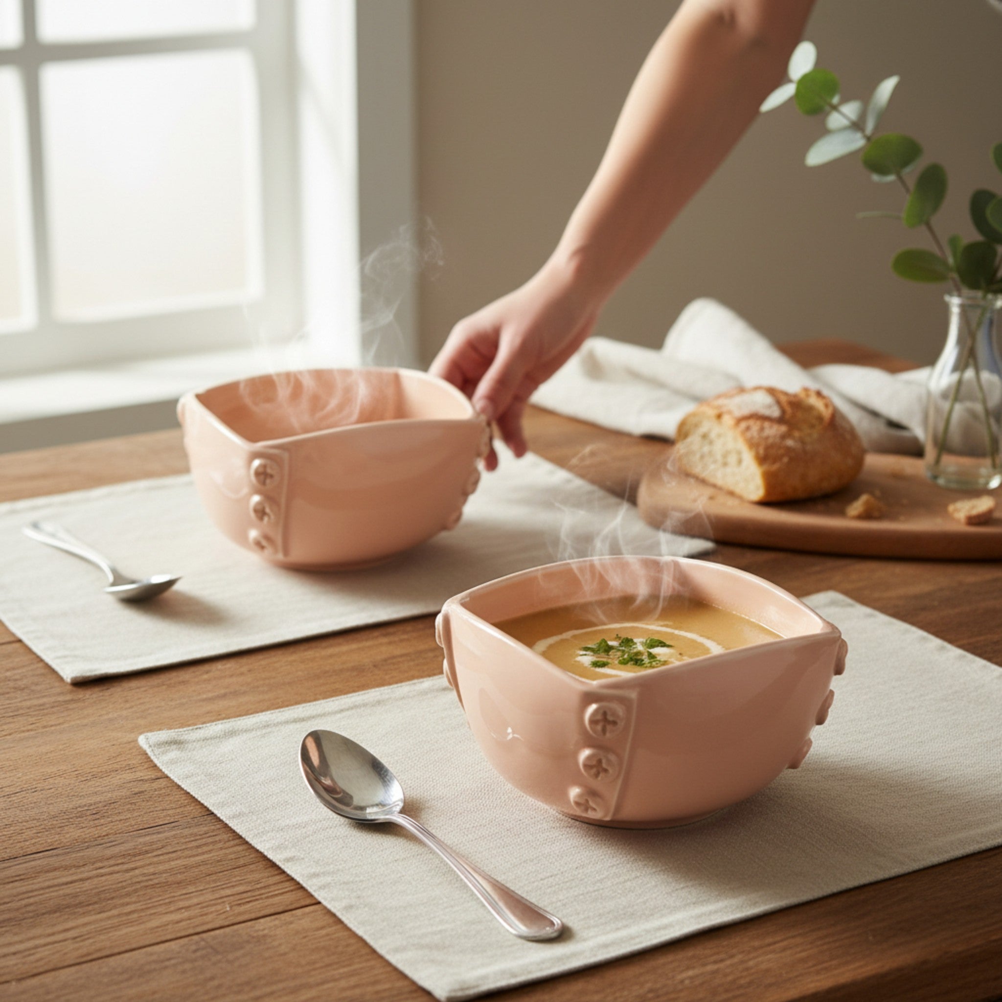 Pink bowls with steaming soup; Pinterest-worthy lunch styling and cozy comfort food photography.