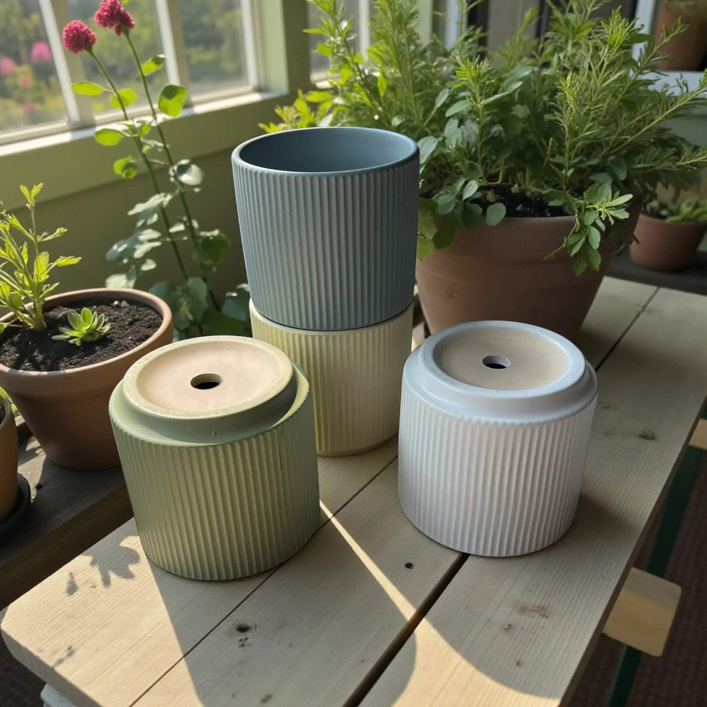 Ribbed ceramic pots with drainage holed; unique gift for plant lovers and  decor for modern living rooms.