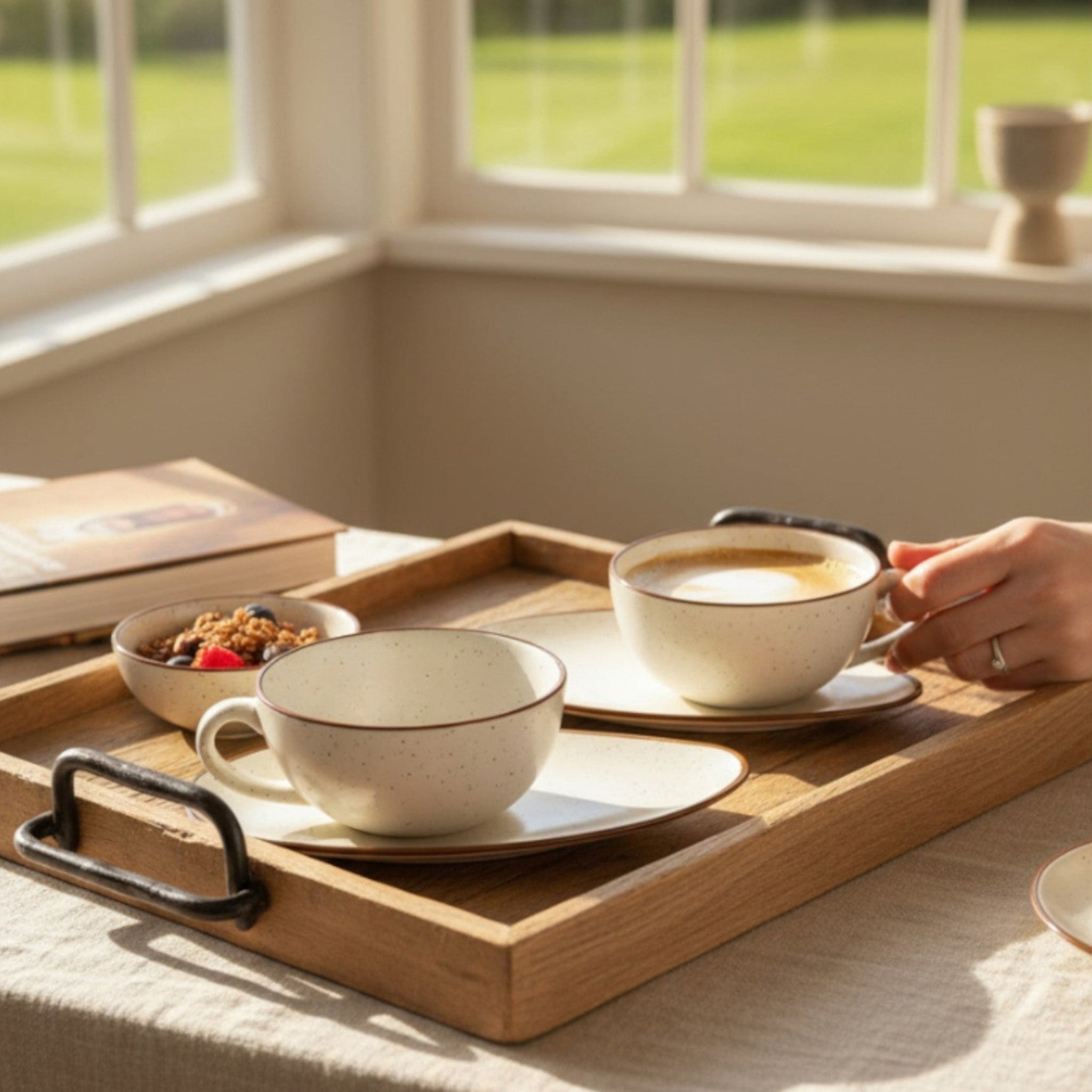 rustic stone almond and ivory soup set of 2, handmade ceramic cups with matching saucer