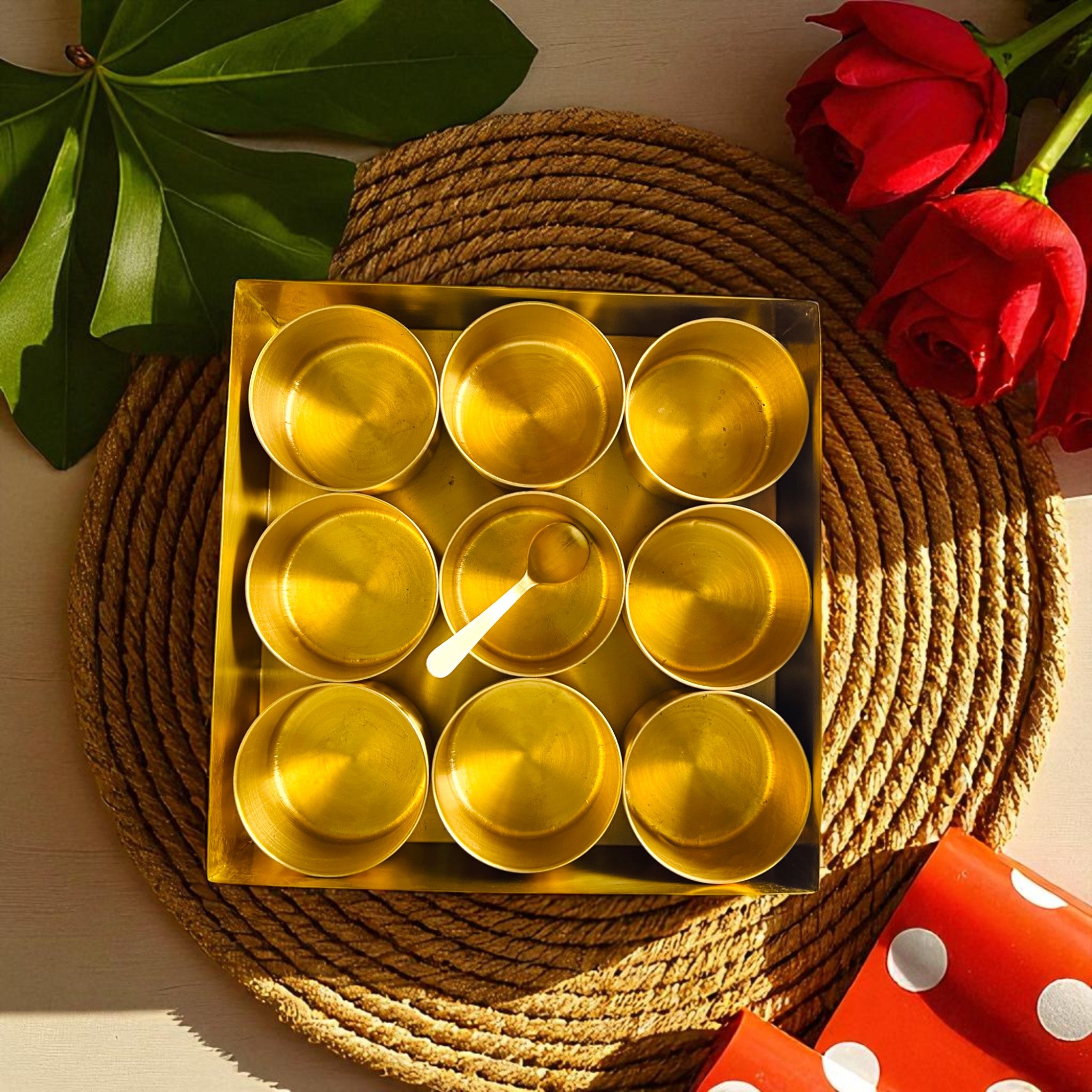 Brass Spice Vault on a tablemat; compact storage solutions for gourmet kitchens and professional chefs