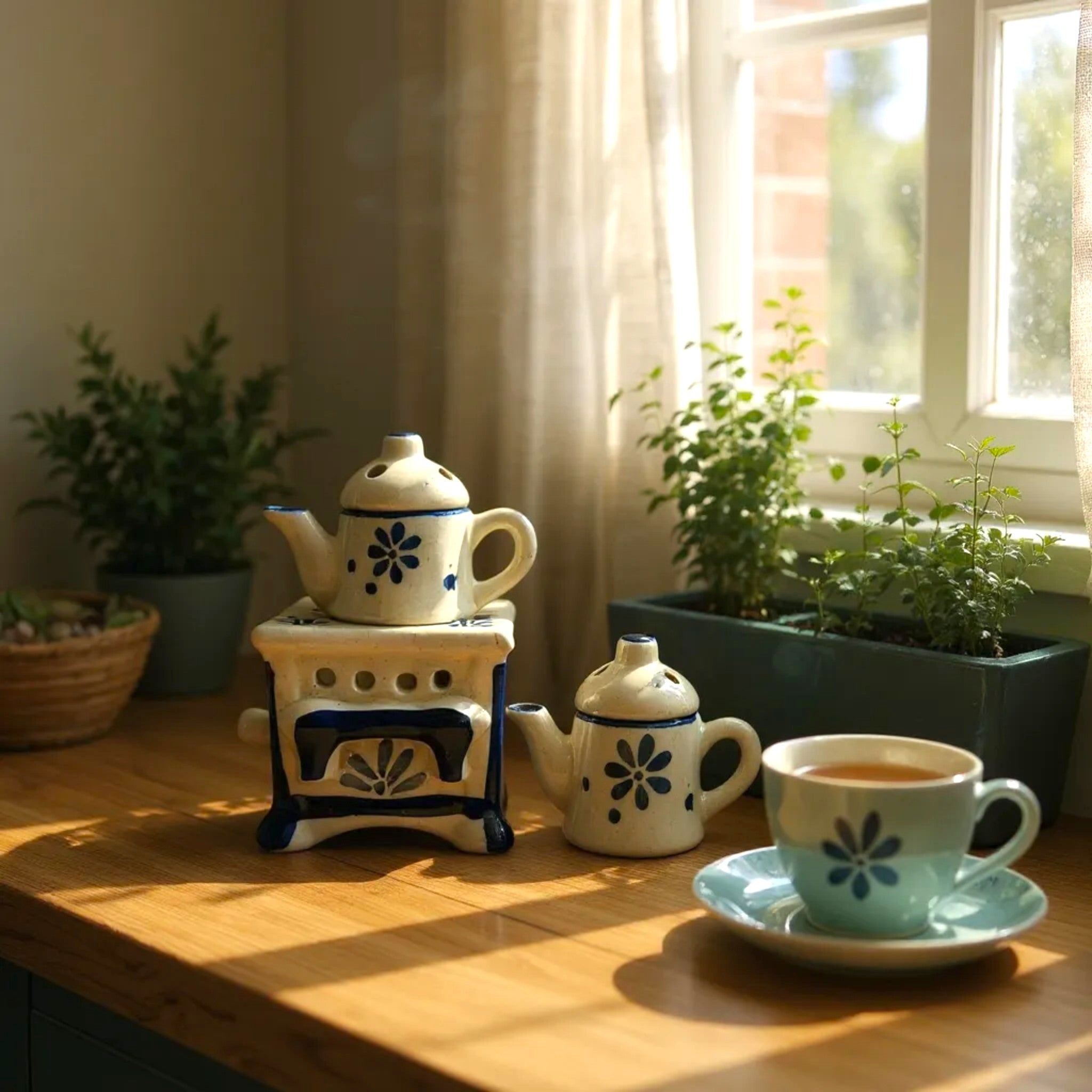 Ceramic stove burner on a window sill; unique housewarming gift for nostalgia lovers and winter home decor.