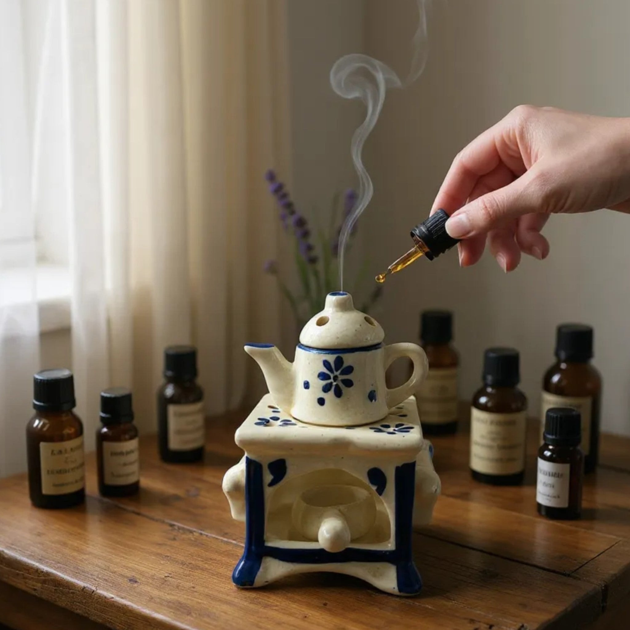 Rustic Stone Vintage Stove Diffuser; black ceramic oil burner for cozy home fragrance and cottagecore decor.