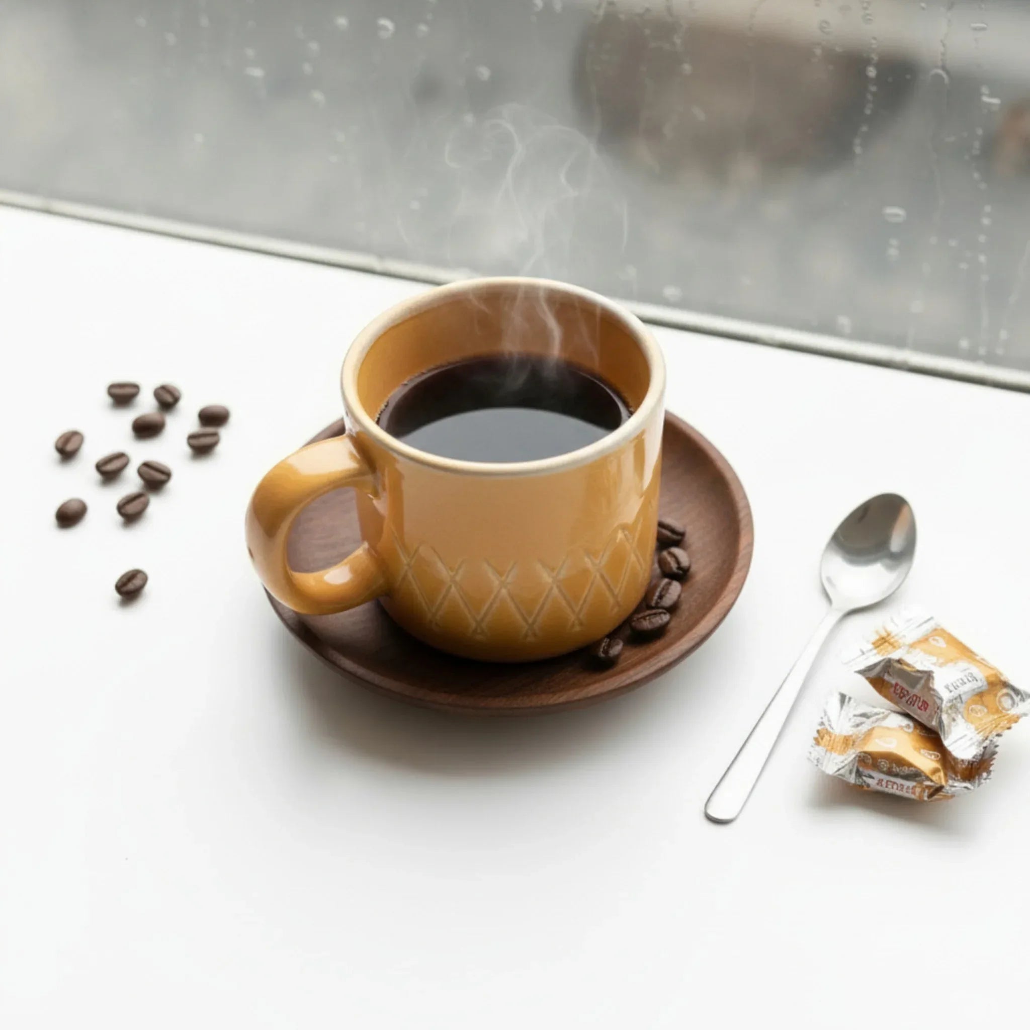Cozy cafe scene; the yellow Waffle Mug on a window in a rainy day next to coffee beans and sugar.