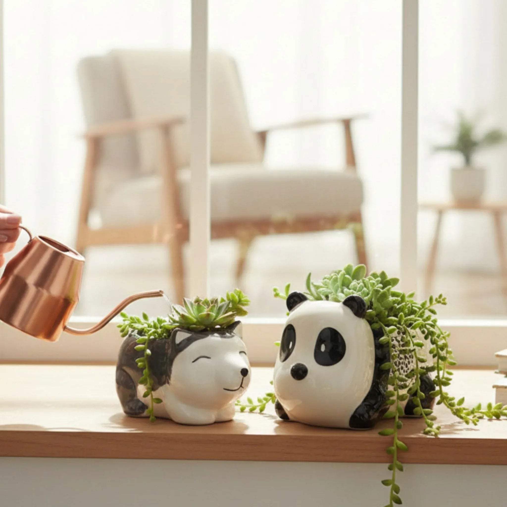 Rustic Stone Forest Guardians Planters; wolf and panda ceramic pots for unique home decor and plant gifting.