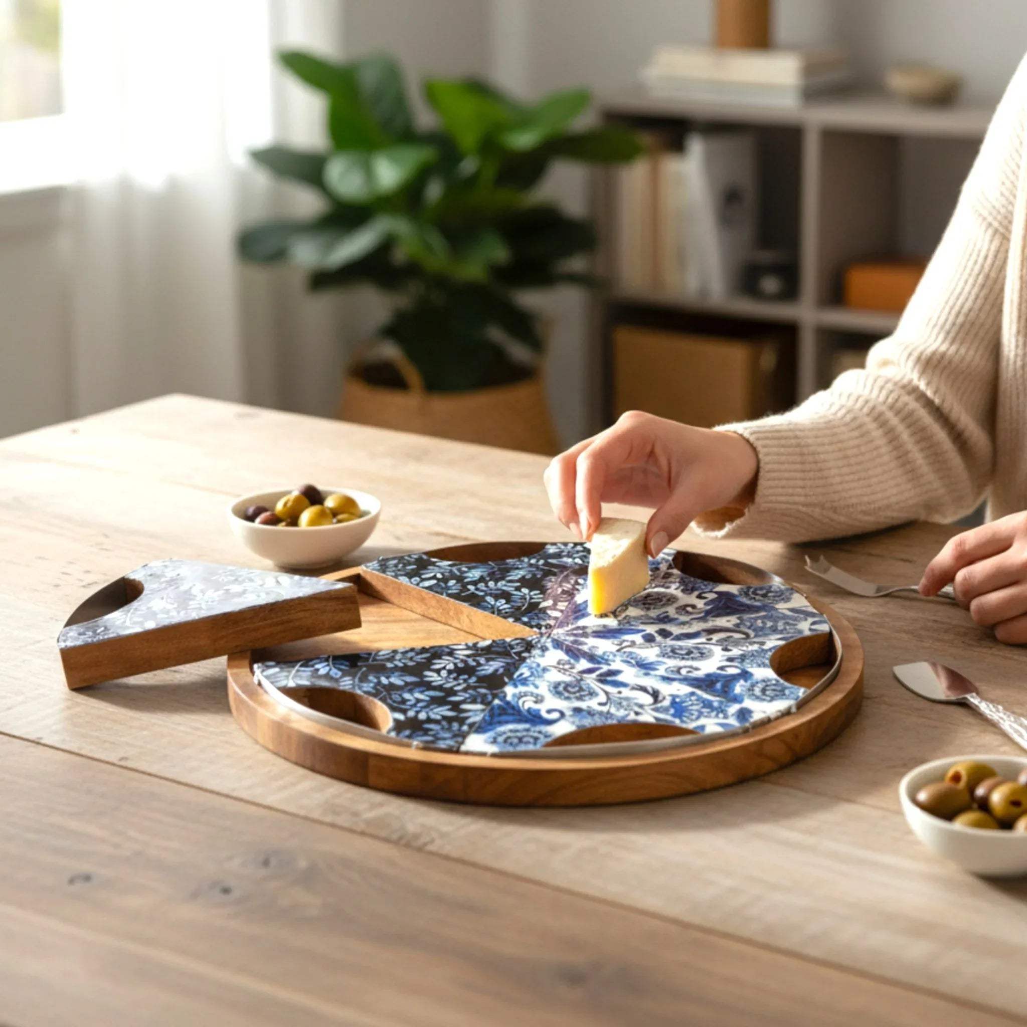 Floral enamel wood pizza wedge; unique gift for pizza lovers and natural appetizer serving ideas.
