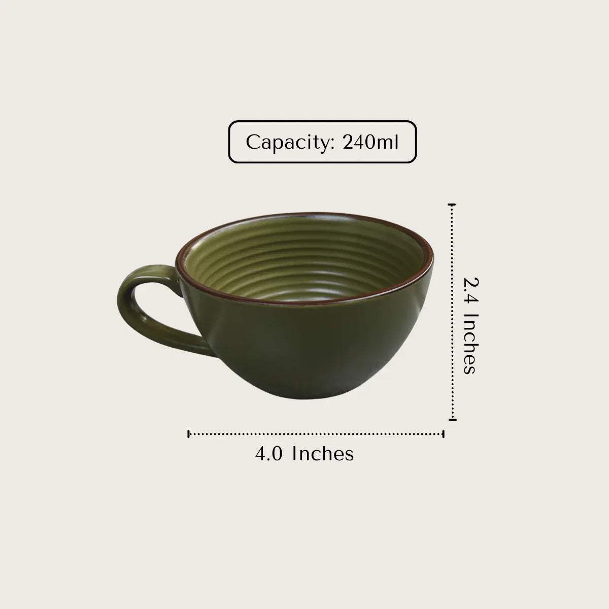 Sage Cup specs; 4.0" diameter x 2.4" height, 240ml capacity, 260g weight durable ceramic artisan set.