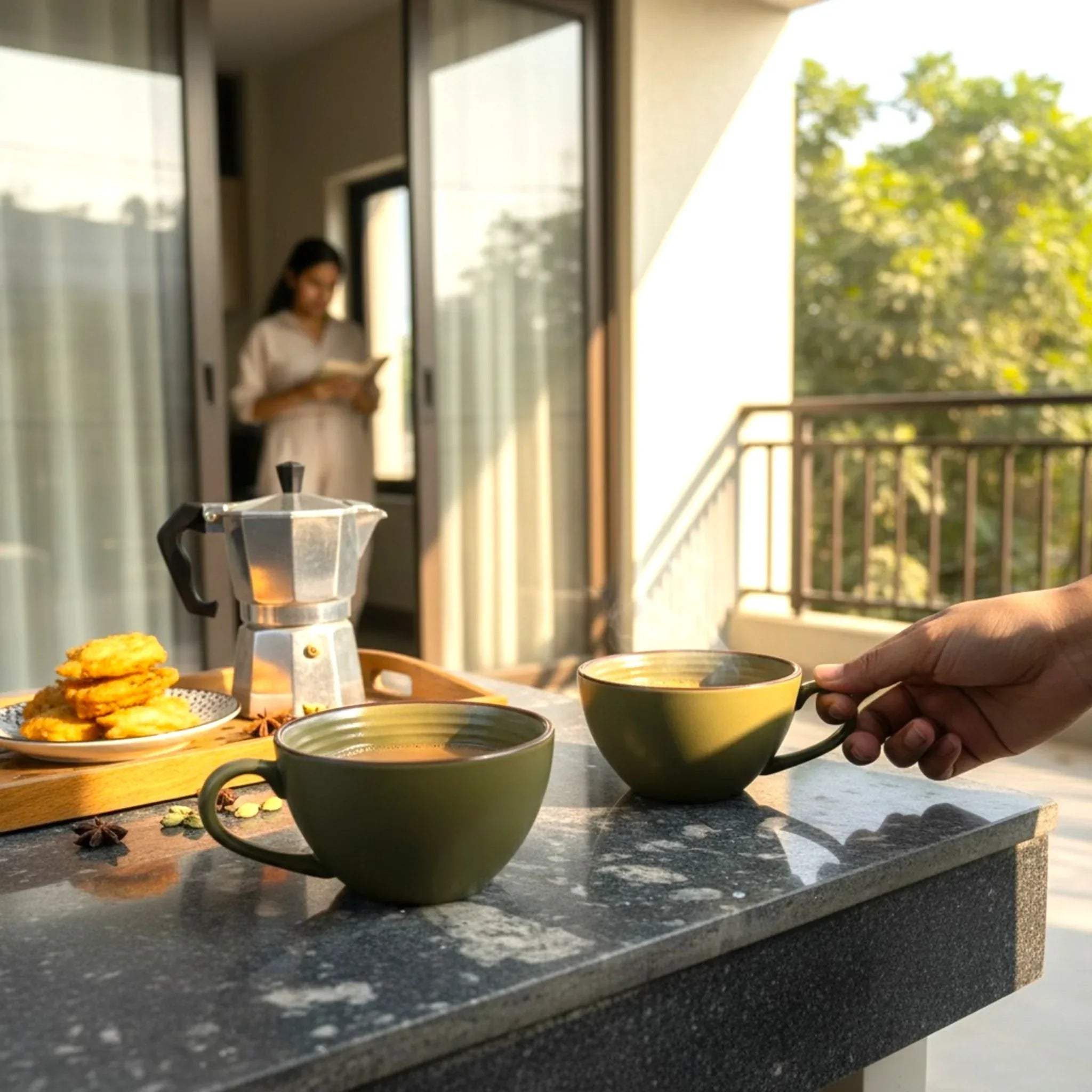 Aesthetic home balcony setup; matte olive Sage Cup next to a moka pot on a minimalist marble table.