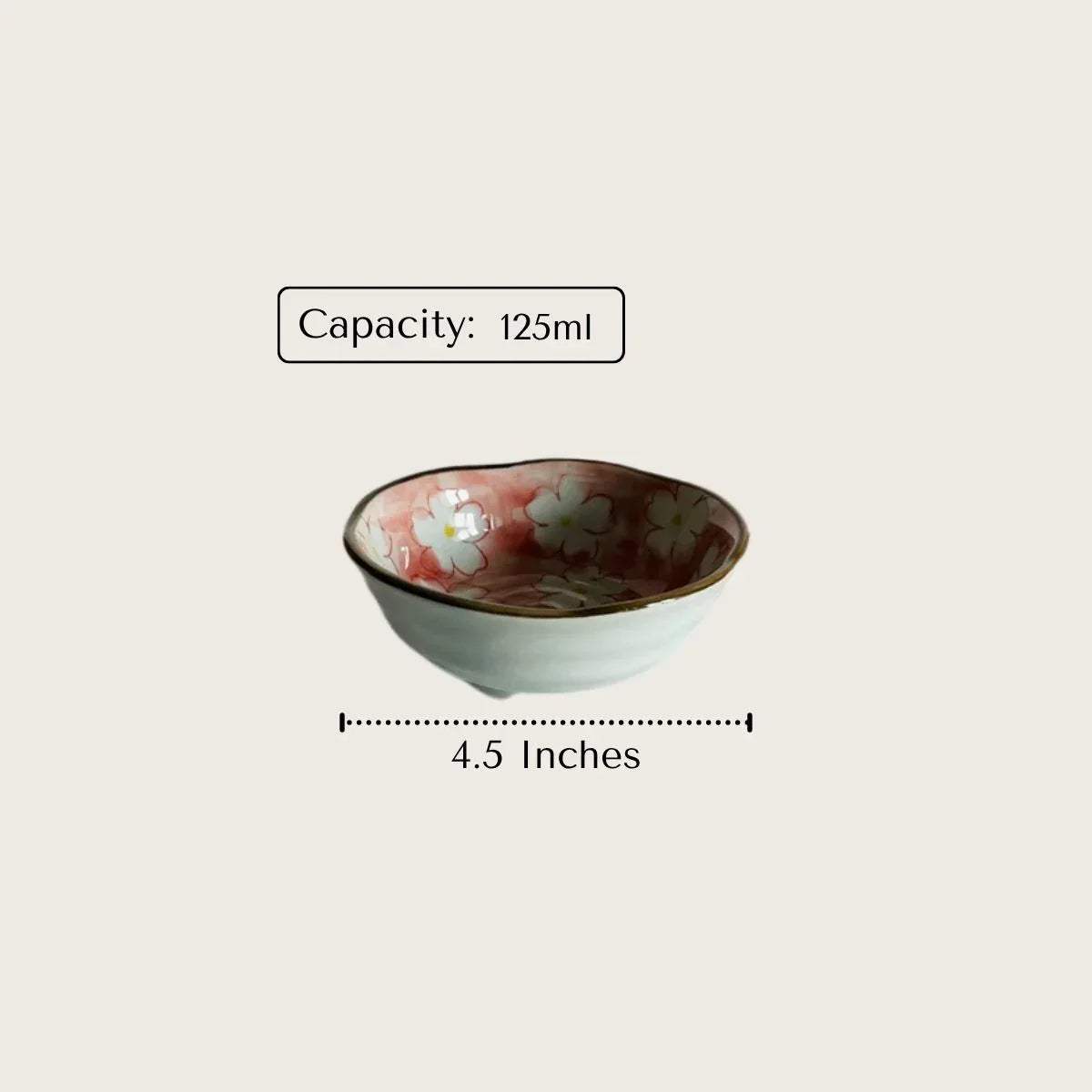 4.5" diameter graphic; showing the 125ml capacity per bowl, perfect for chutneys, sauces, or small treats.