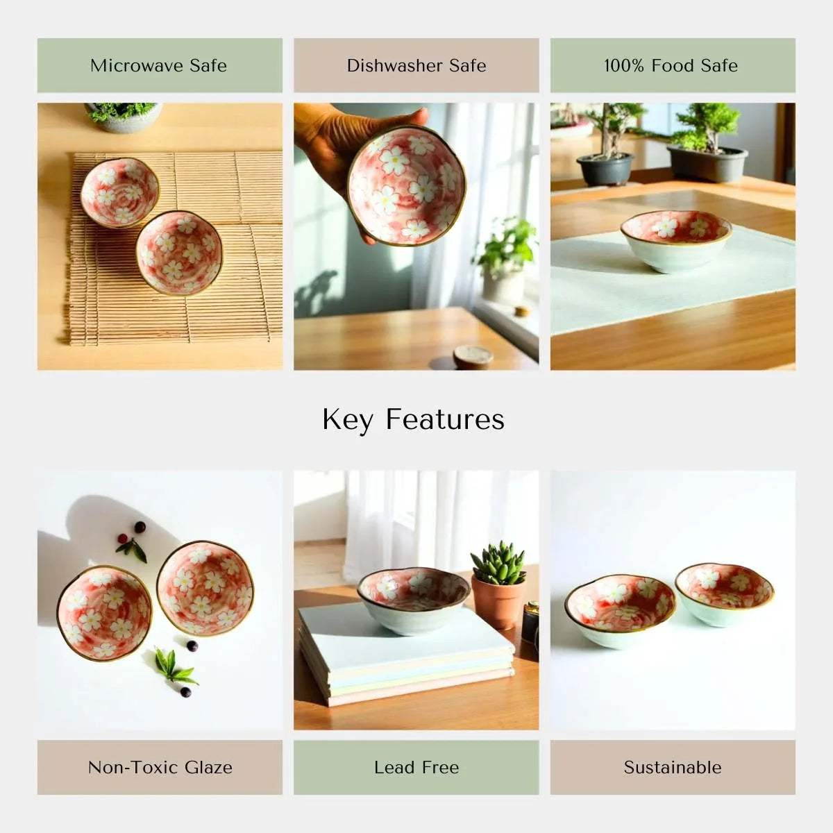Artisan quality of the sakura serenity bowls; non-toxic glaze, microwave/dishwasher safe, and sustainable.