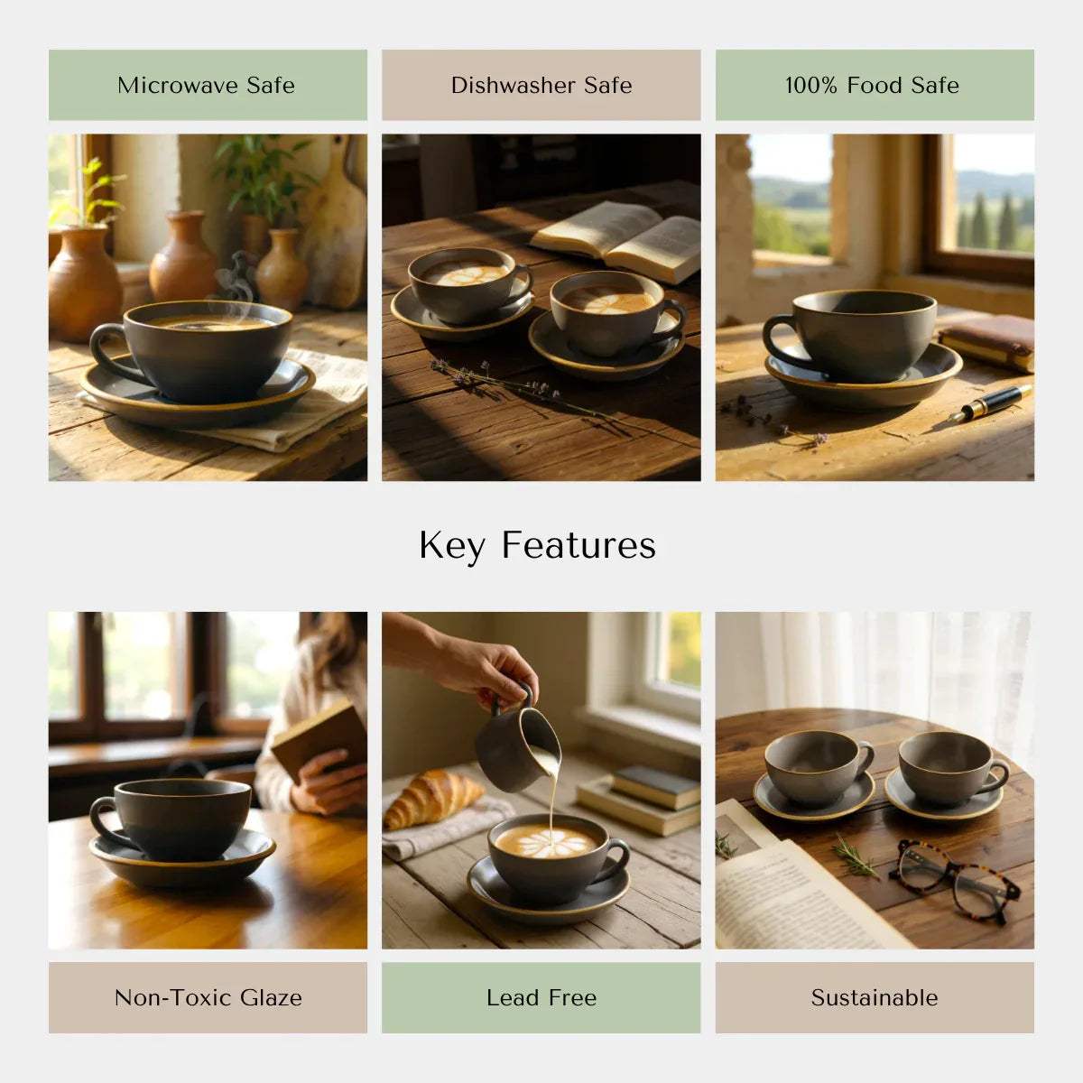 Rustic Stone quality; microwave safe, lead-free glaze, and ergonomic handle for daily coffee rituals.