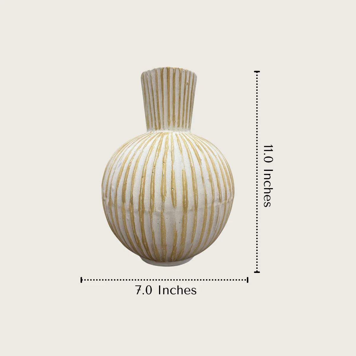 11 inch height decorative vase with beige stripes and measurements.