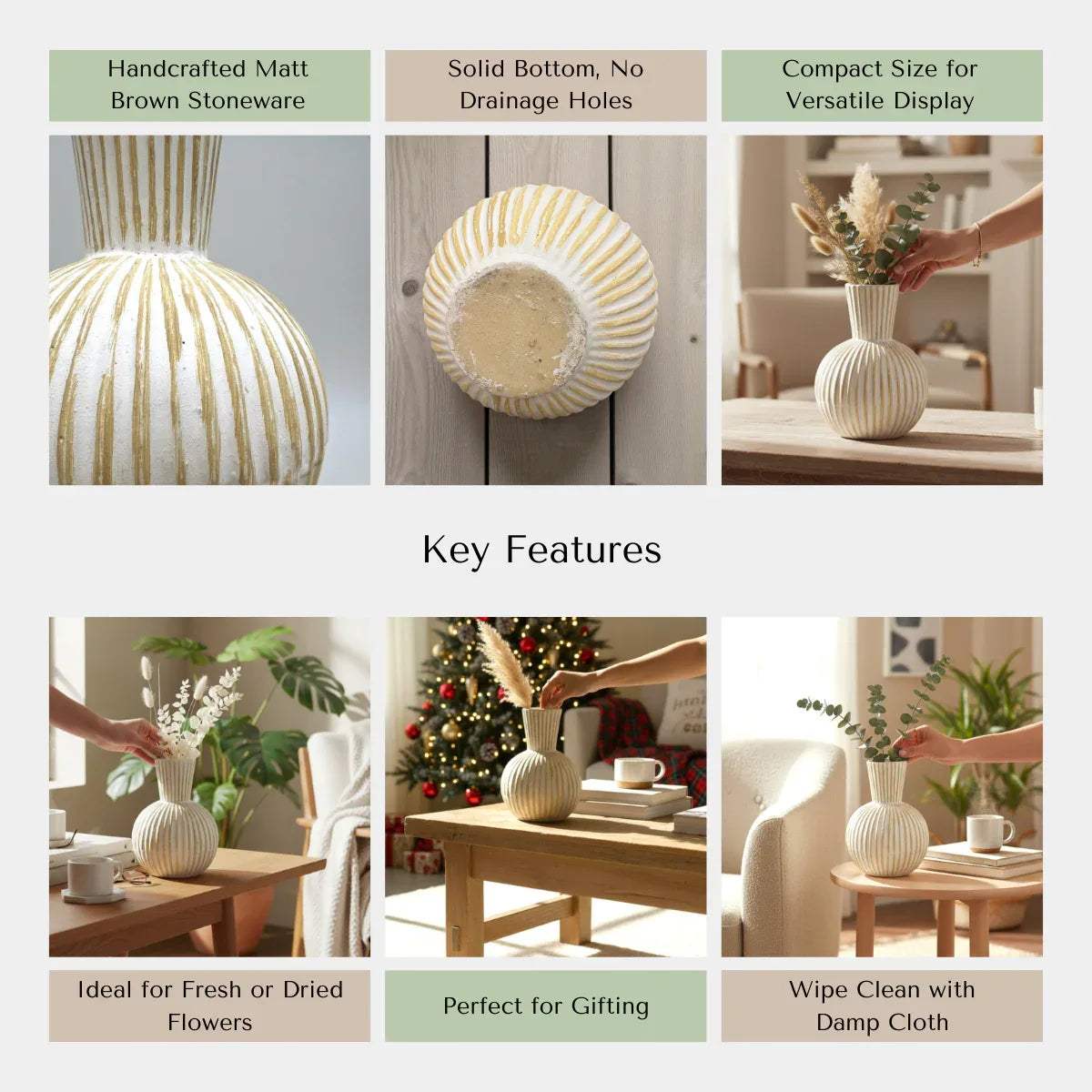 Rustic Stone quality; waterproof interior, stable weighted base, and handcrafted sand-textured ceramic vase.