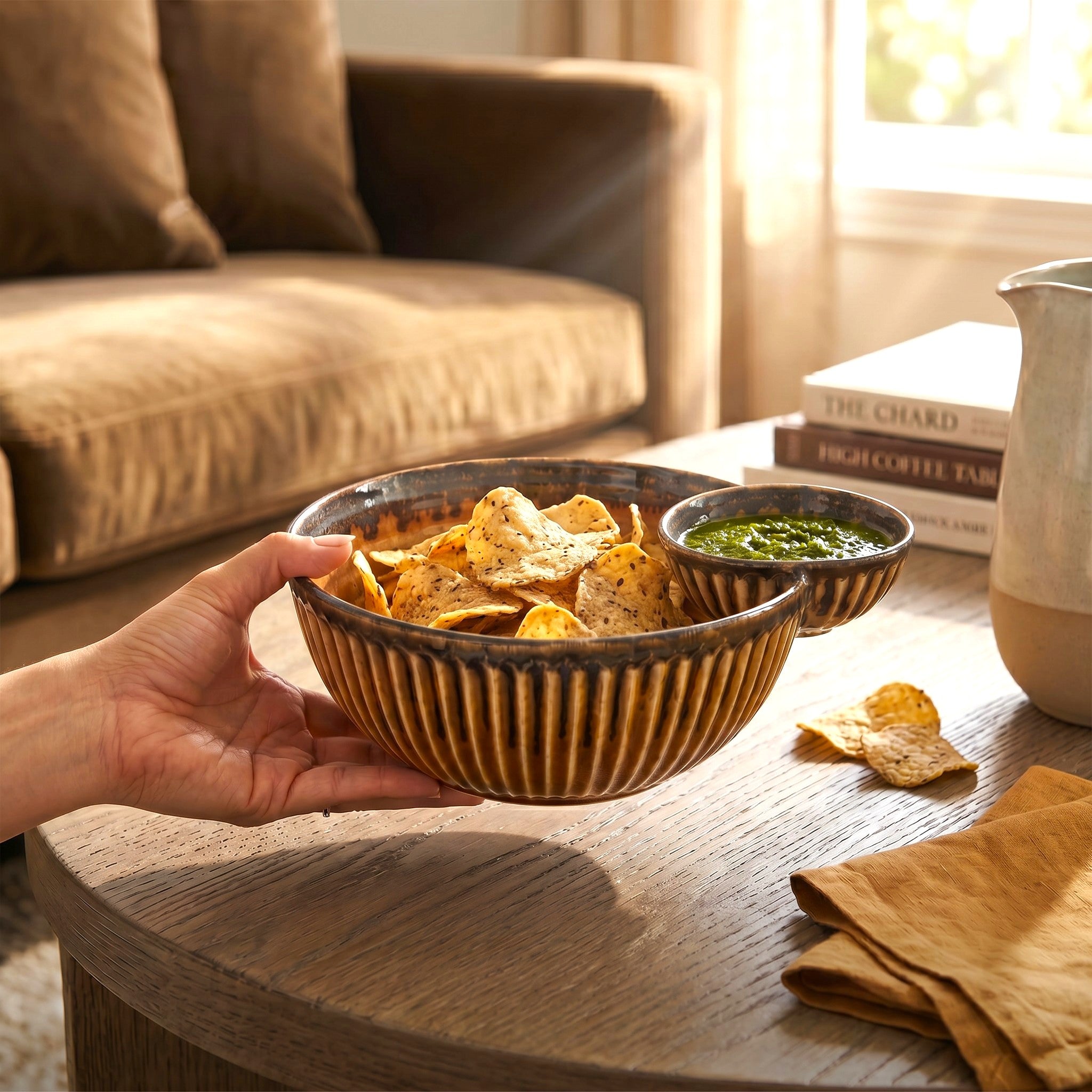 Hand holding a ceramic brown chip and dip bowl of chips with a side of guacamole on a wooden table.