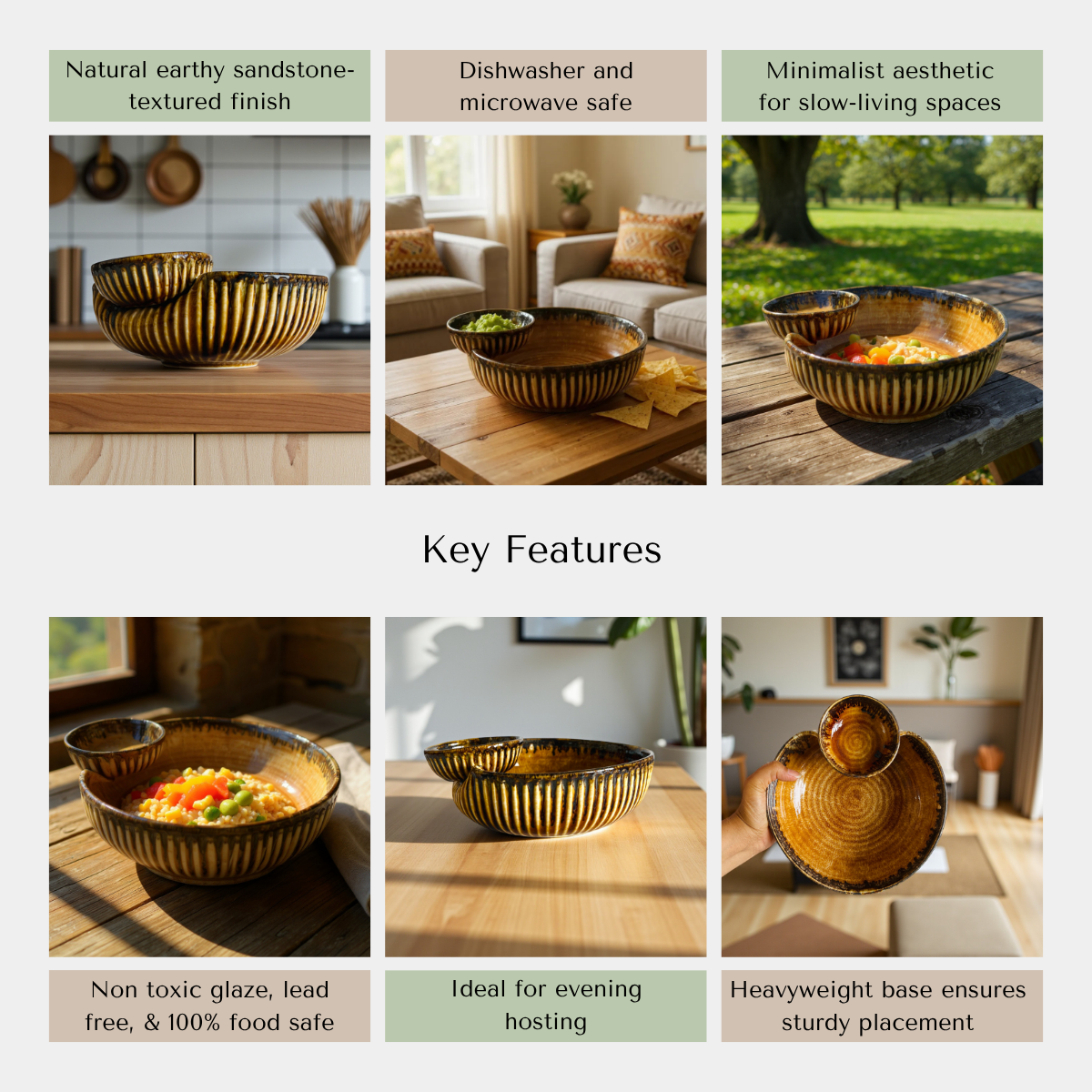 Rustic Stone quality; heat-retaining ceramic, dishwasher safe, and non-toxic glaze for healthy dining.