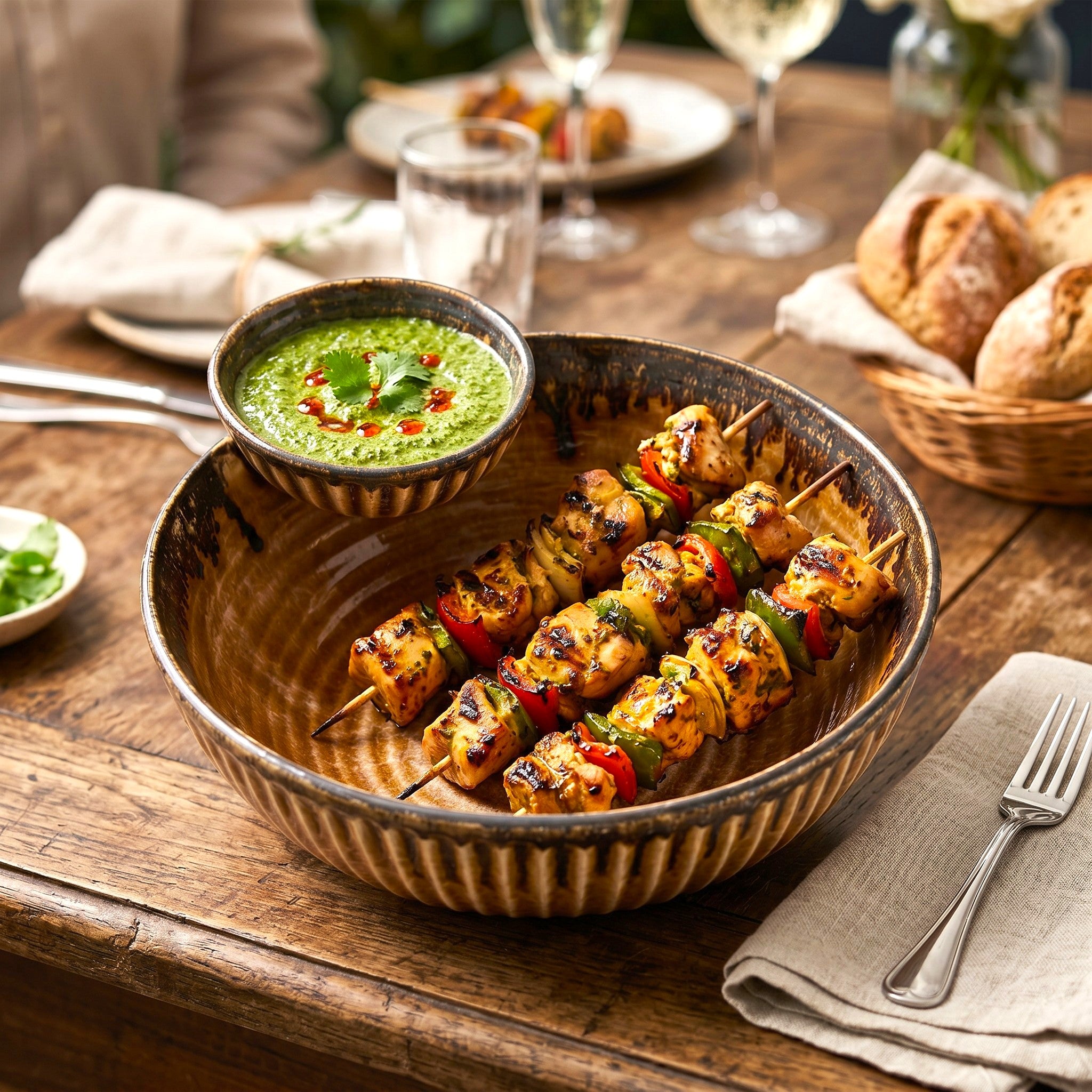 Brown ceramic chip and dip bowl filled with kebab and green chutney for a party.