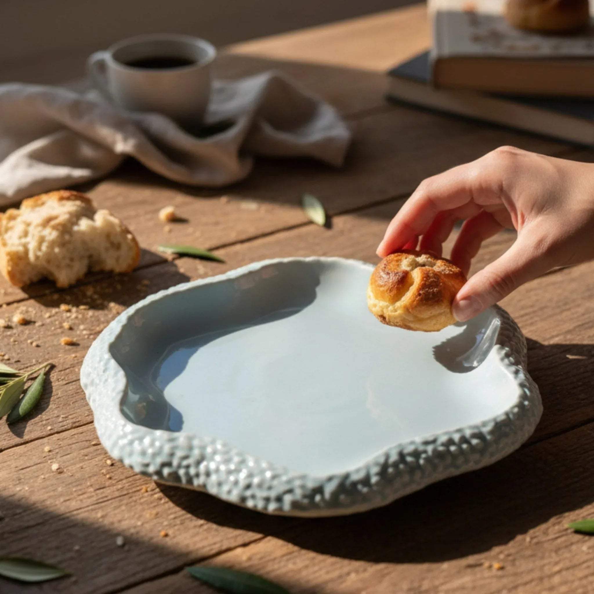 Seafoam Pebble Luncheon Plate; a textured ceramic plate in a calming seafoam blue glaze with an organic, wavy edge.