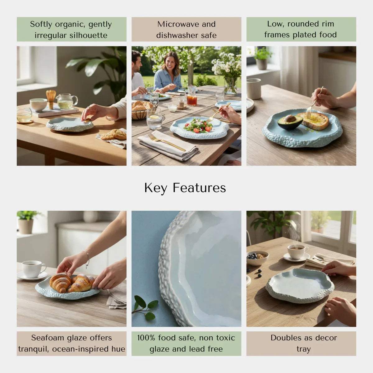 Rustic Stone quality; microwave and dishwasher safe, lead-free, and handcrafted seafoam plates.