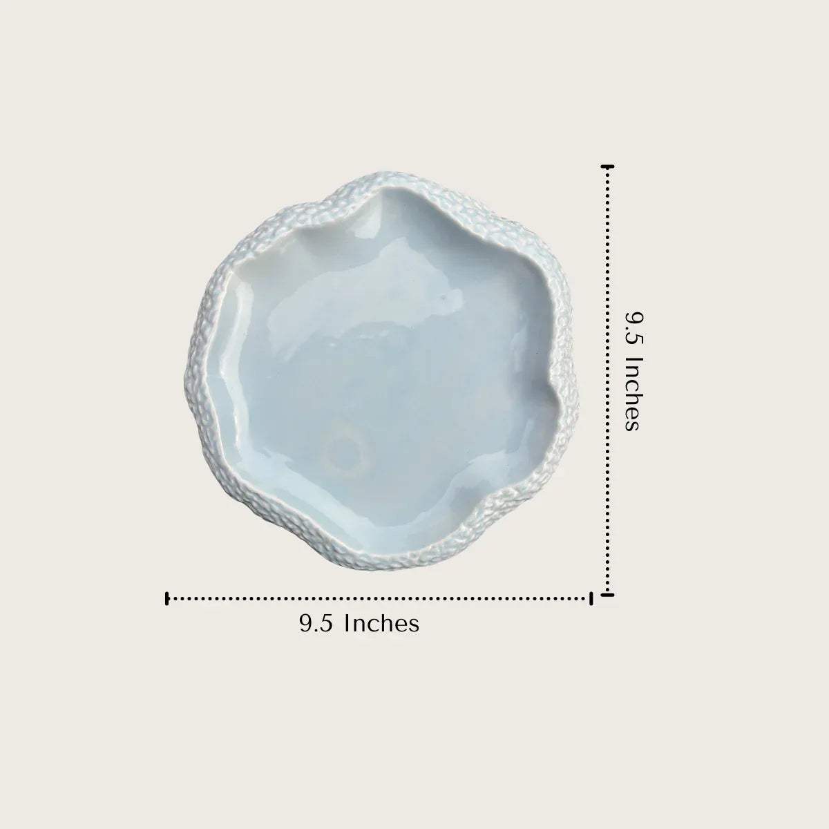 9.5 inch light blue ceramic plate with measurements.