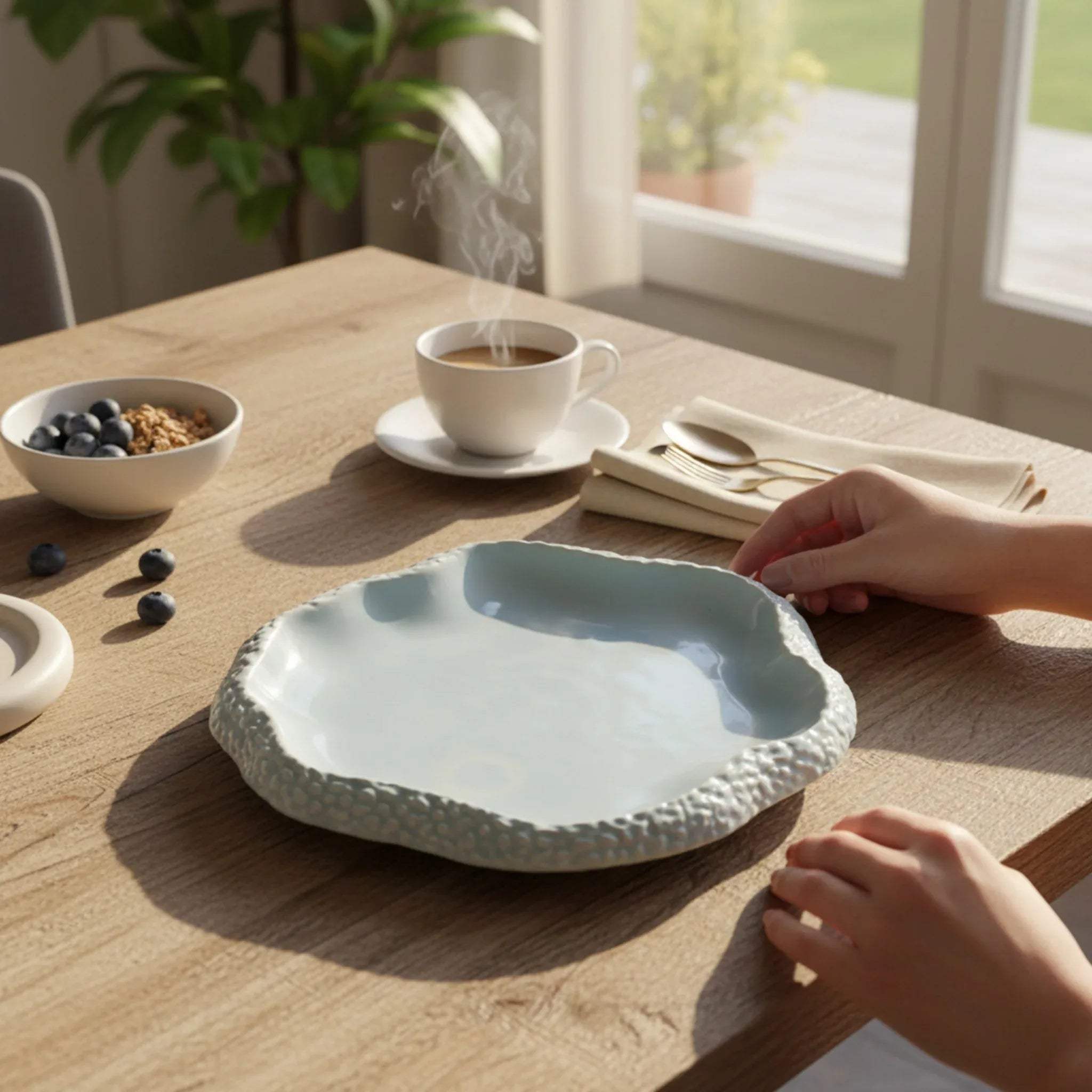 Hand holding the plate; demonstrating the generous size for lunches or desserts and the practical "spill-proof" rim.