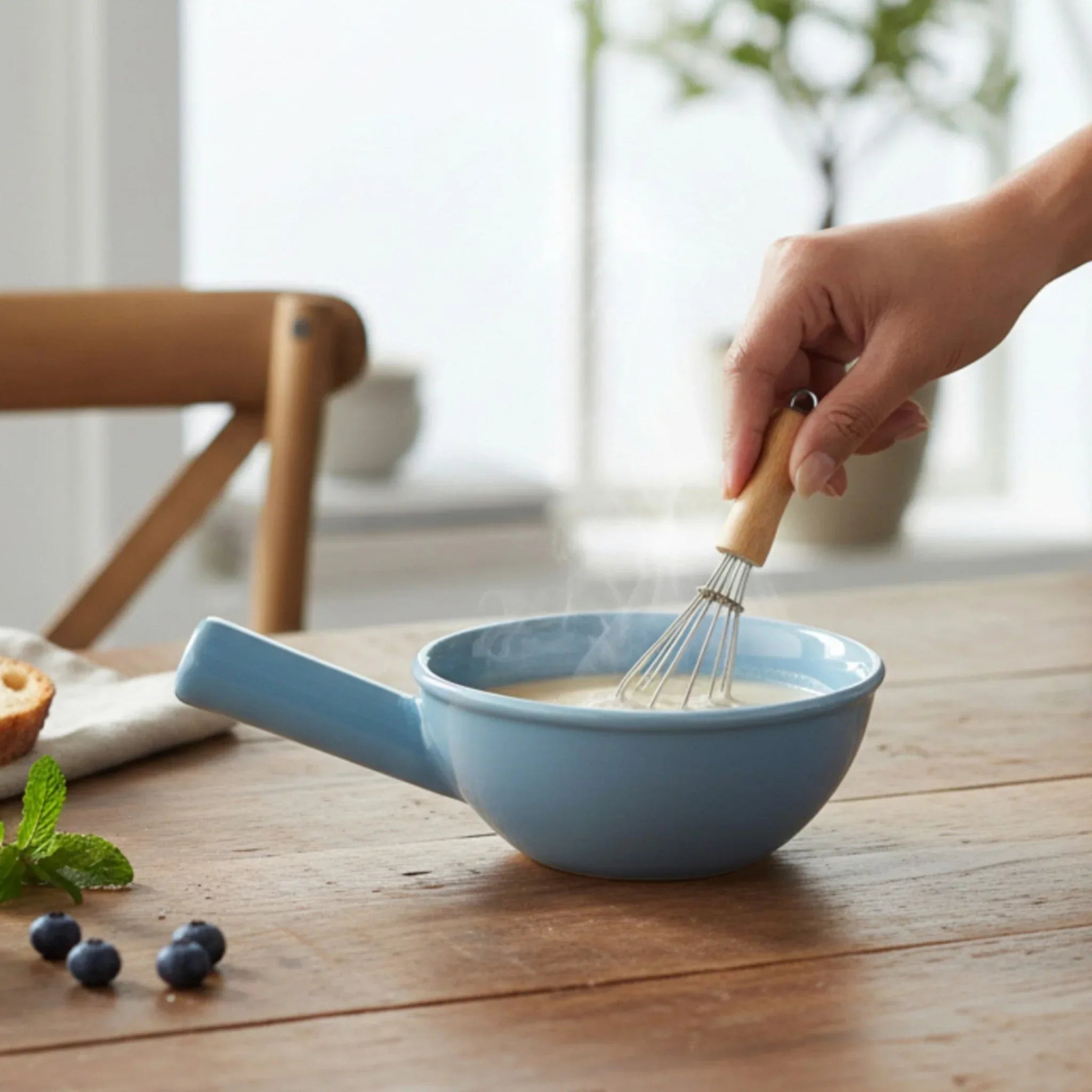Sky Mist Fondue Bowl; a ceramic bowl with handle with a light blue glaze.